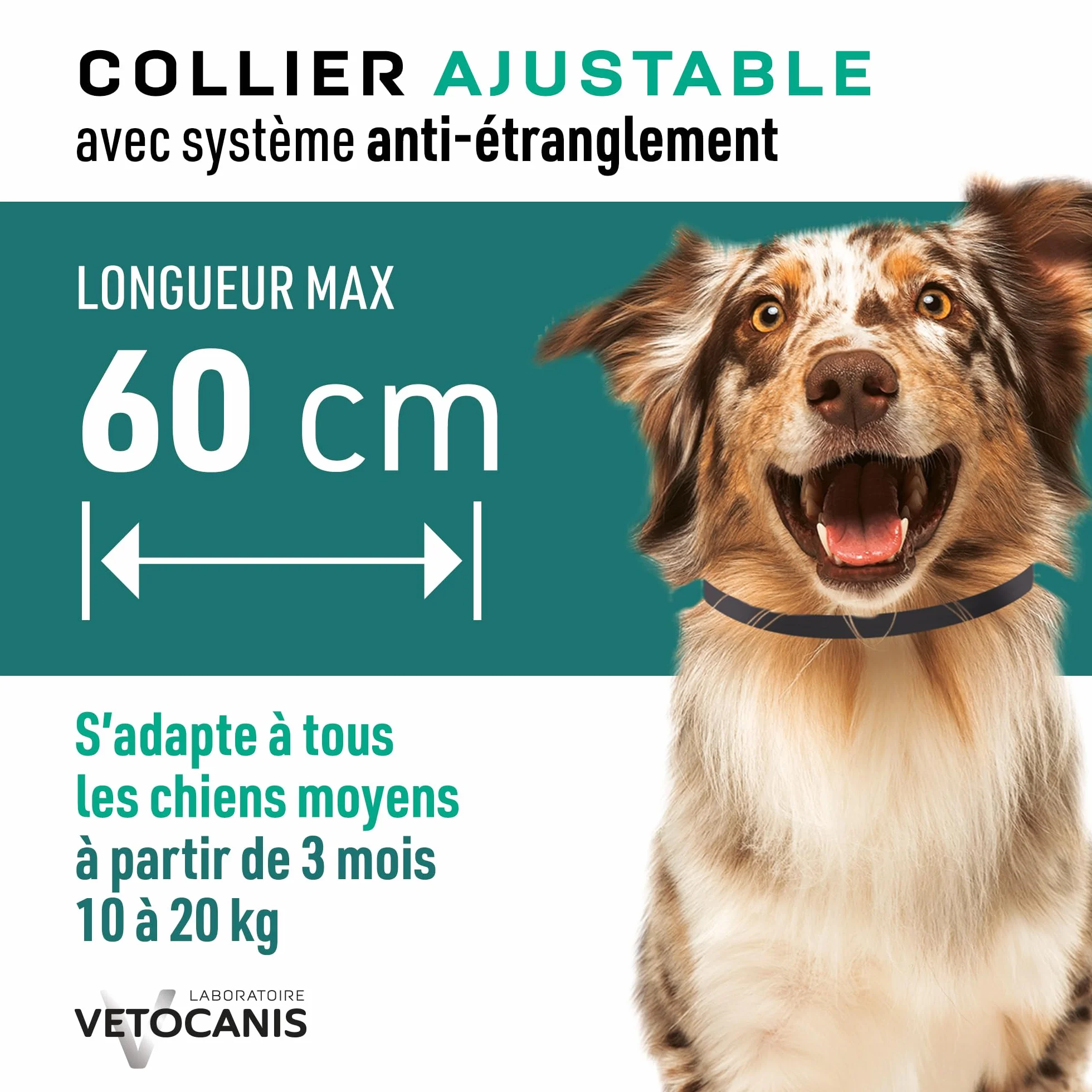Vetocanis Collier Anti Puces pour Chien, Répulsif Puces Tiques Moustiques, Protection 3 mois, Antiparasitaire 10-20 kg
