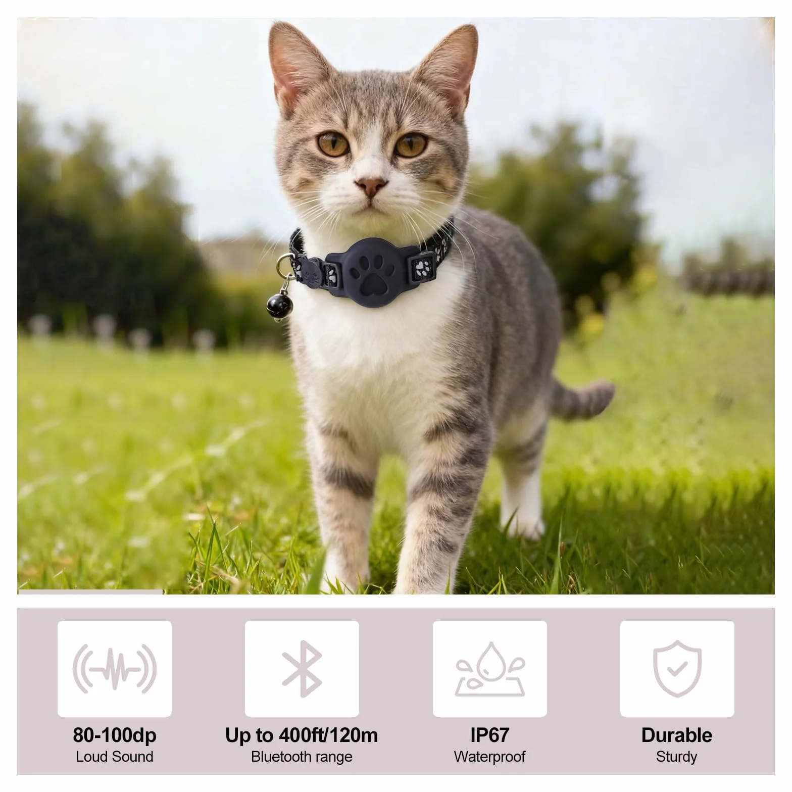 Collier GPS Chat Traceur Bluetooth Compatible Deux Systèmes Sans Abonnement Étanche Léger Réfléchissant Réglable Amovible 19-32 cm