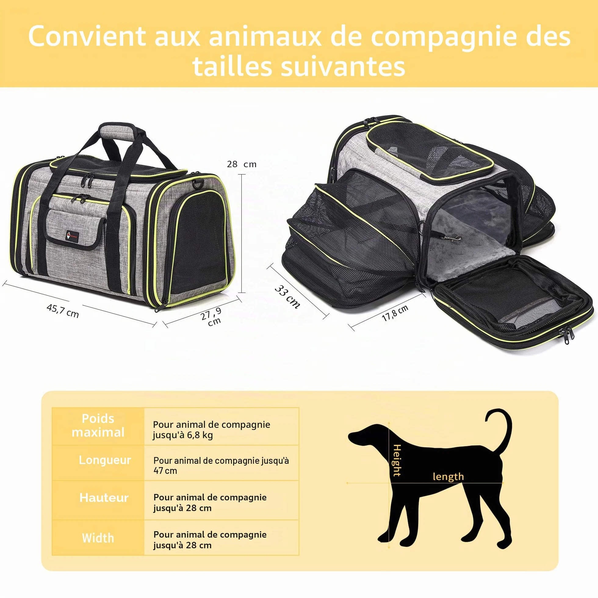 Sac Transport Chat Chien, Cage de Voyage Spacieux 4 Sens Extensibles, Caisse Chat Pliable pour Animal de Compagnie (Gris)
