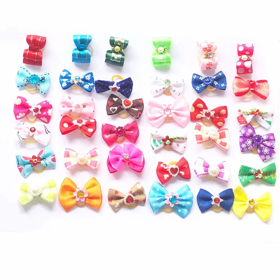 Lot de 50 nœuds en poils d'animaux avec bande en caoutchouc pour petits chiens Yorkshire, couleurs assorties