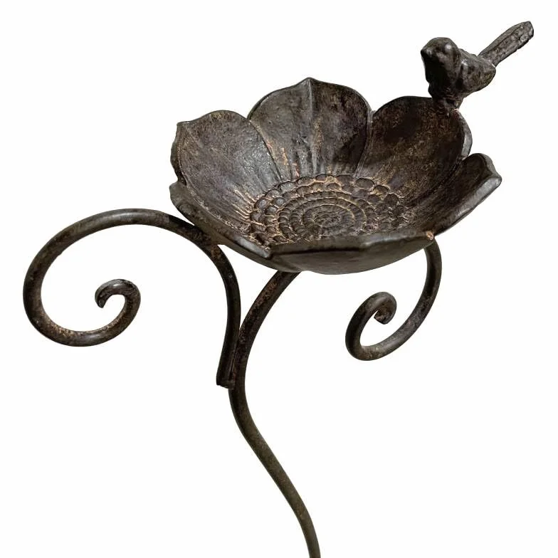 Bain Oiseau à Planter Abreuvoir Oiseaux Fonte Marron Mangeoire Pied 14,5x25x100cm