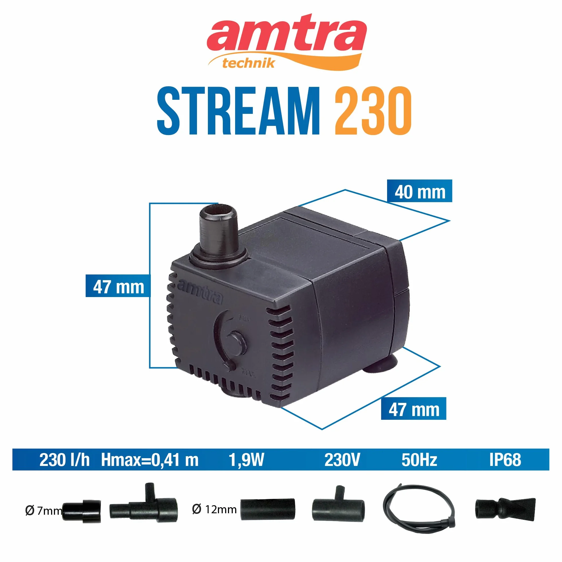 Amtra Stream 230 Pompe submersible aquarium 230 l/h 3.0W 220V