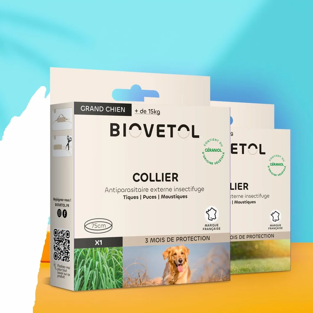 Collier Anti puces pour Chien Naturel Biovetol Protection 3 Mois Imperméable 75cm