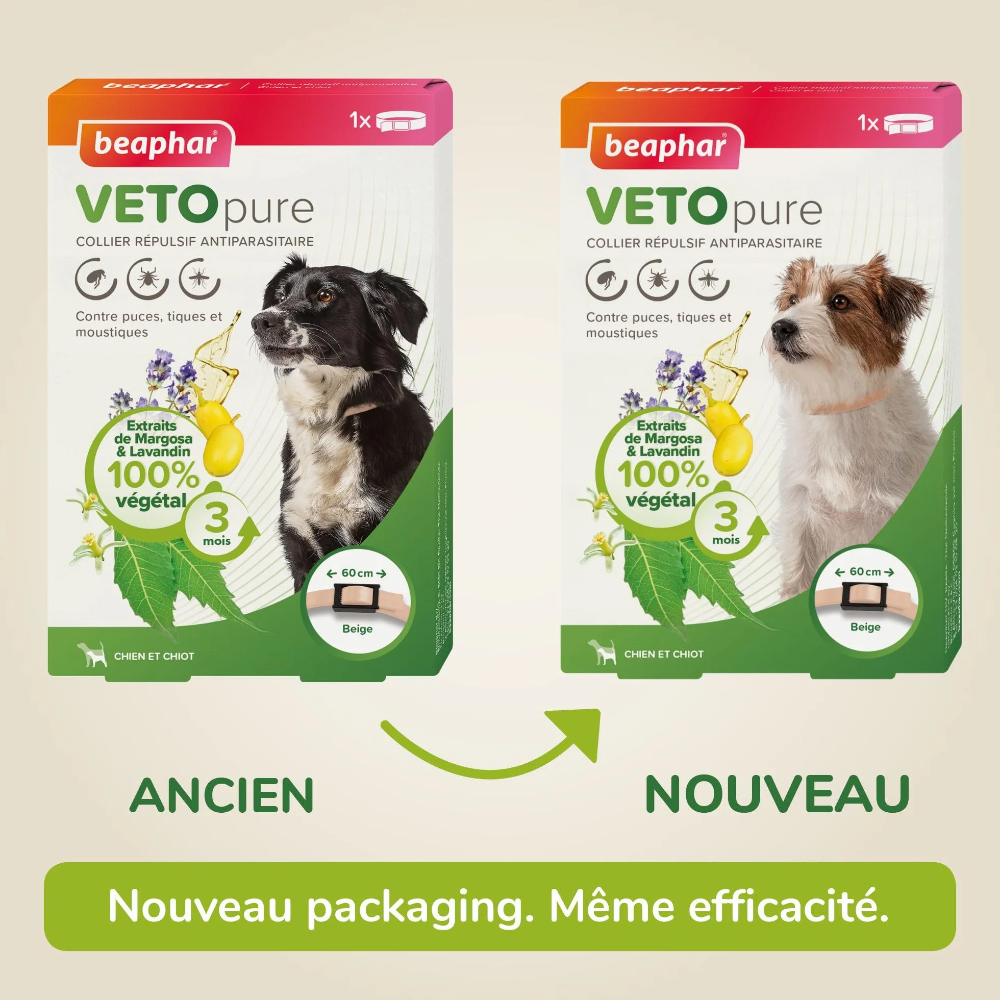 BEAPHAR – VETOPURE – Collier répulsif antiparasitaire pour Chien et Chiot – Aux extraits de Margosa & de Lavandin – Contre Les puces; tiques et moustiques – Protection 3 Mois – Collier Beige de 60cm