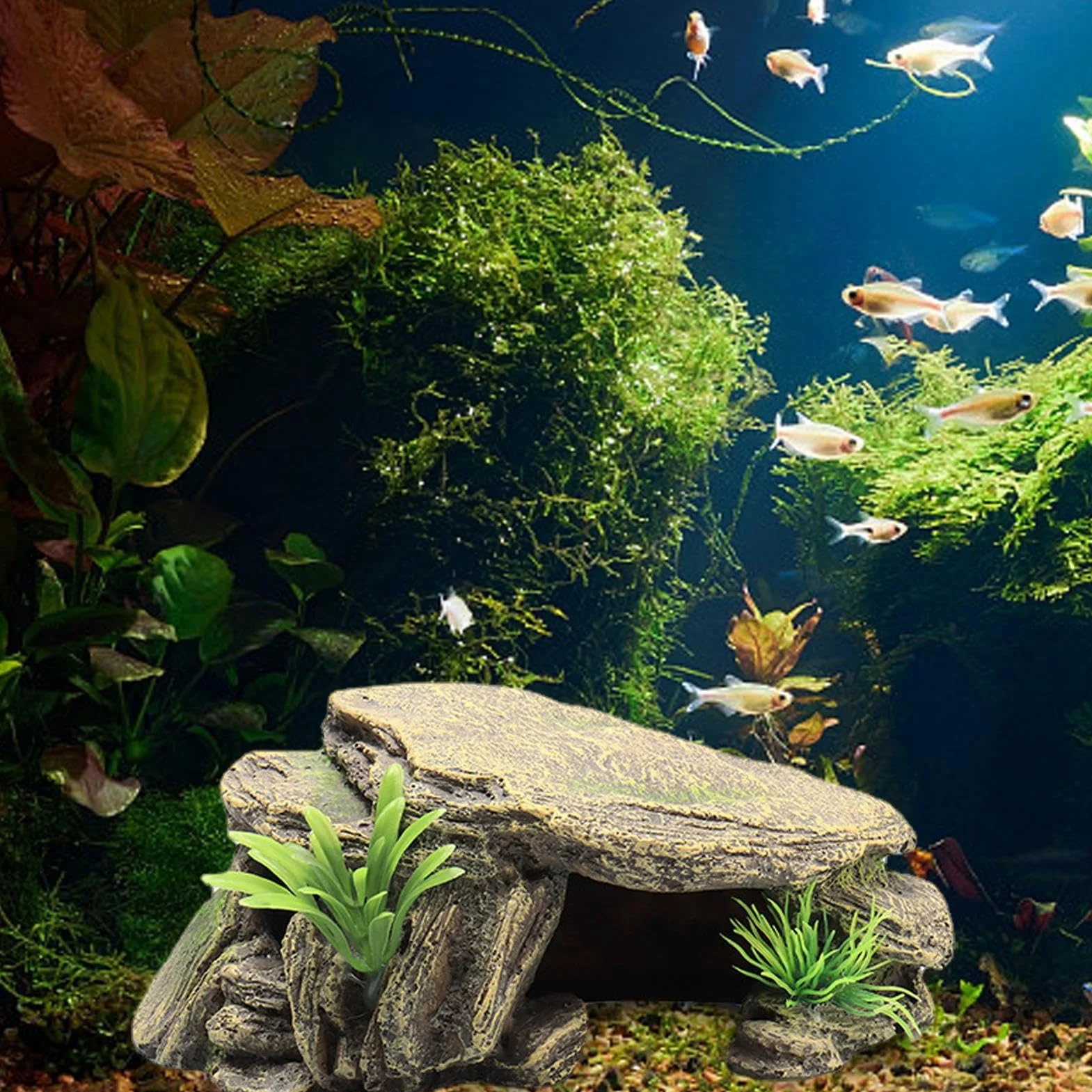 Habitat pour tortues - Grande grotte pour reptiles, rocher décoratif en résine, plateforme de repos pour amphibiens
