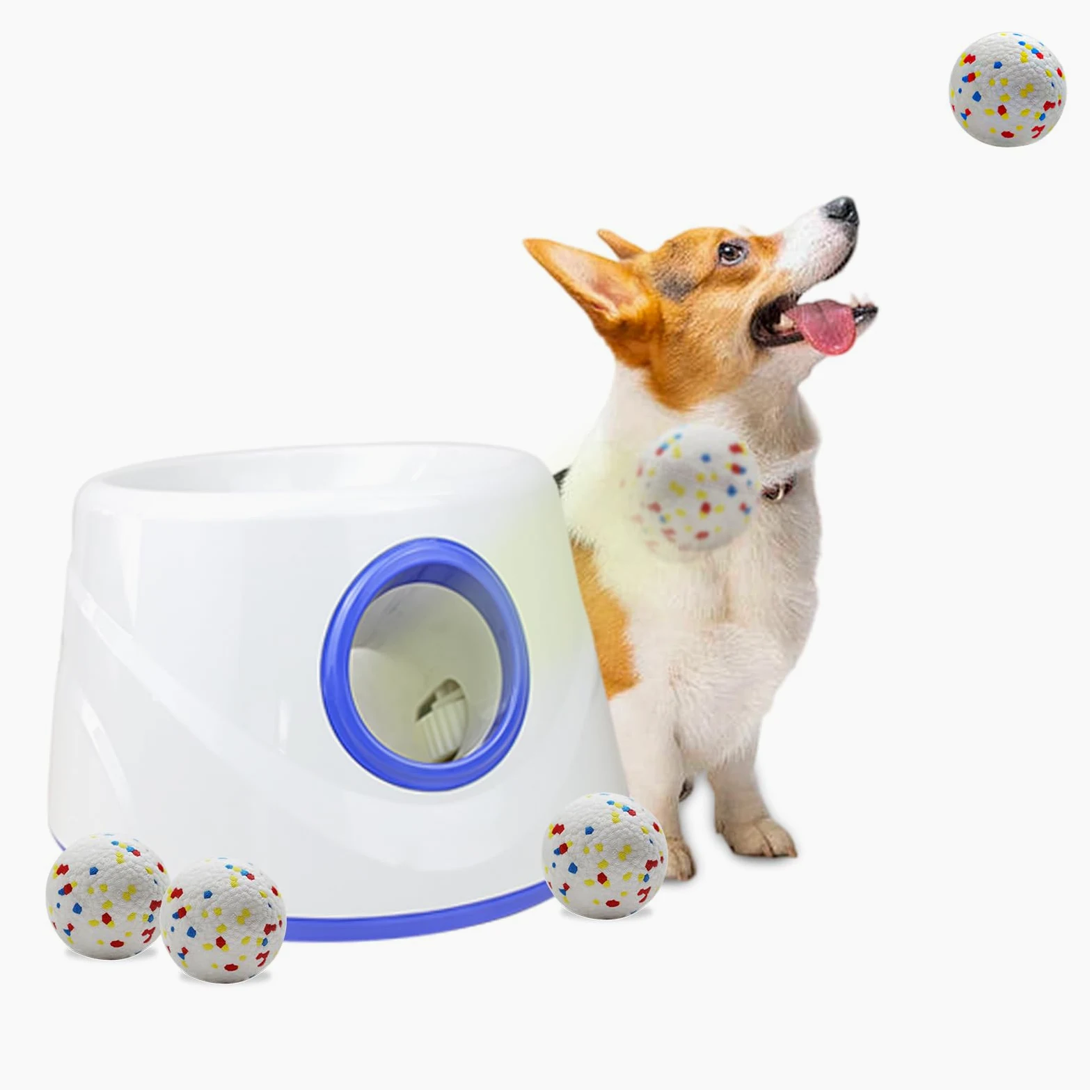 Lanceur de balles pour chien, lanceur de balles automatique pour chiens, 3 réglages de distance réglables, jouet interactif intérieur et extérieur, avec 3 balles de 5,8 cm, lanceur de chien de