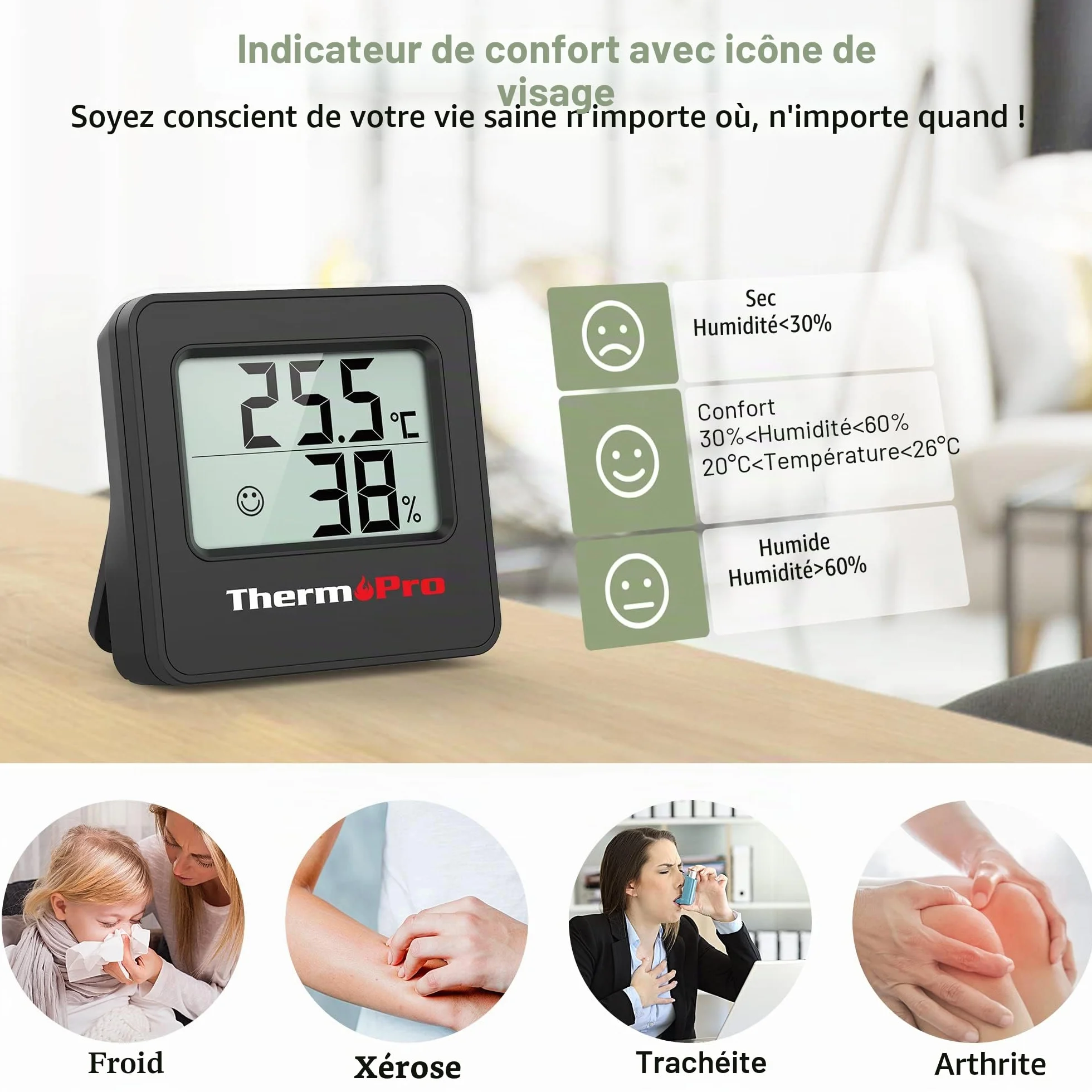 ThermoPro TP157-3 Hygromètre Digital Thermomètre Intérieur avec Capteur d'Humidité et Indicateur de Confort