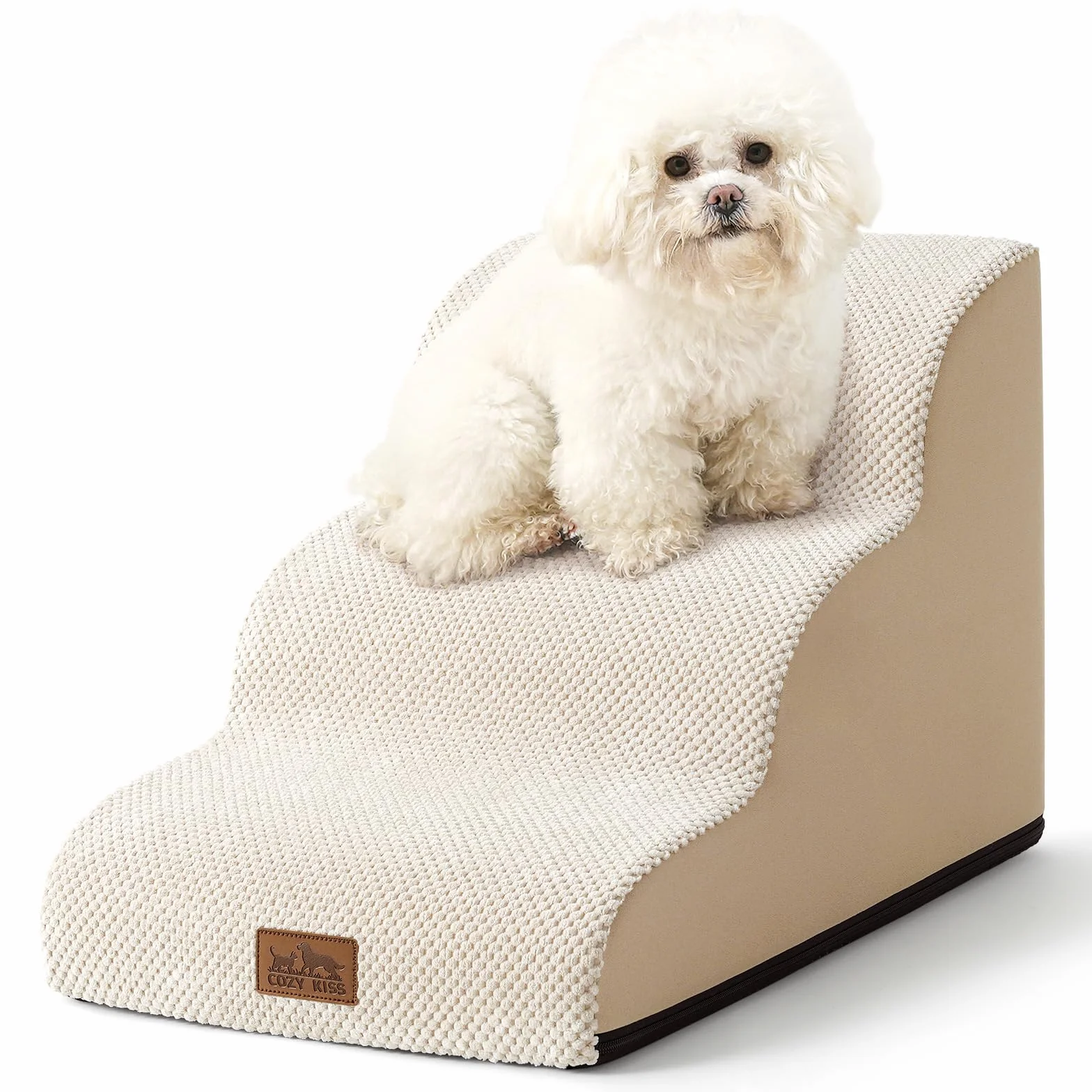 COZY KISS Escalier pour Chien avec Couvercle Amovible, Éponge, Beige, 40x57x40cm