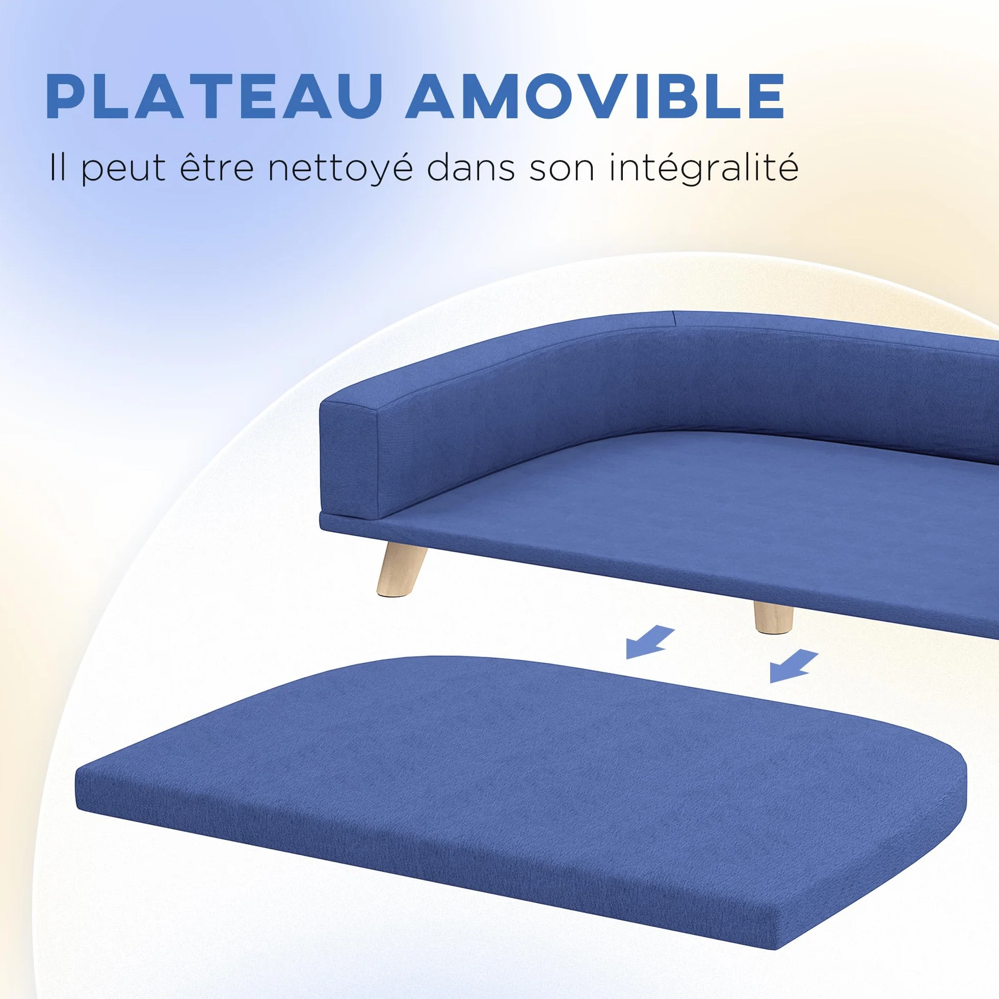 PawHut Canapé Chien Lit pour Chien avec Coussin Déhoussable Housse Lavable Design Scandinave Tissu Polyester Pieds Bois 98 x 67 x 25 cm Bleu