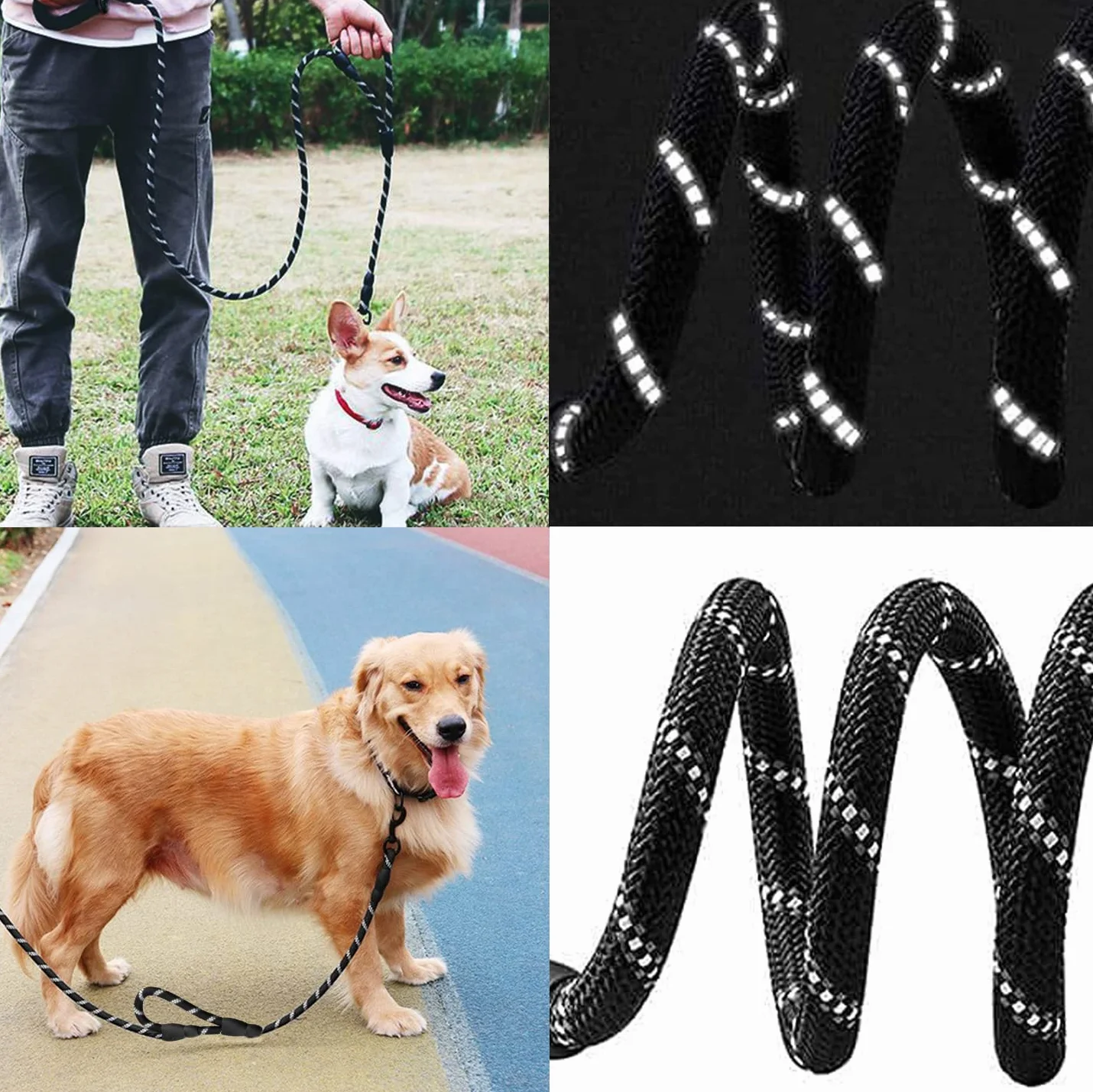 Laisse Chien 180cm Durable Poignée Double Fils Réfléchissants pour Chiens Petits Moyens Grands Noir