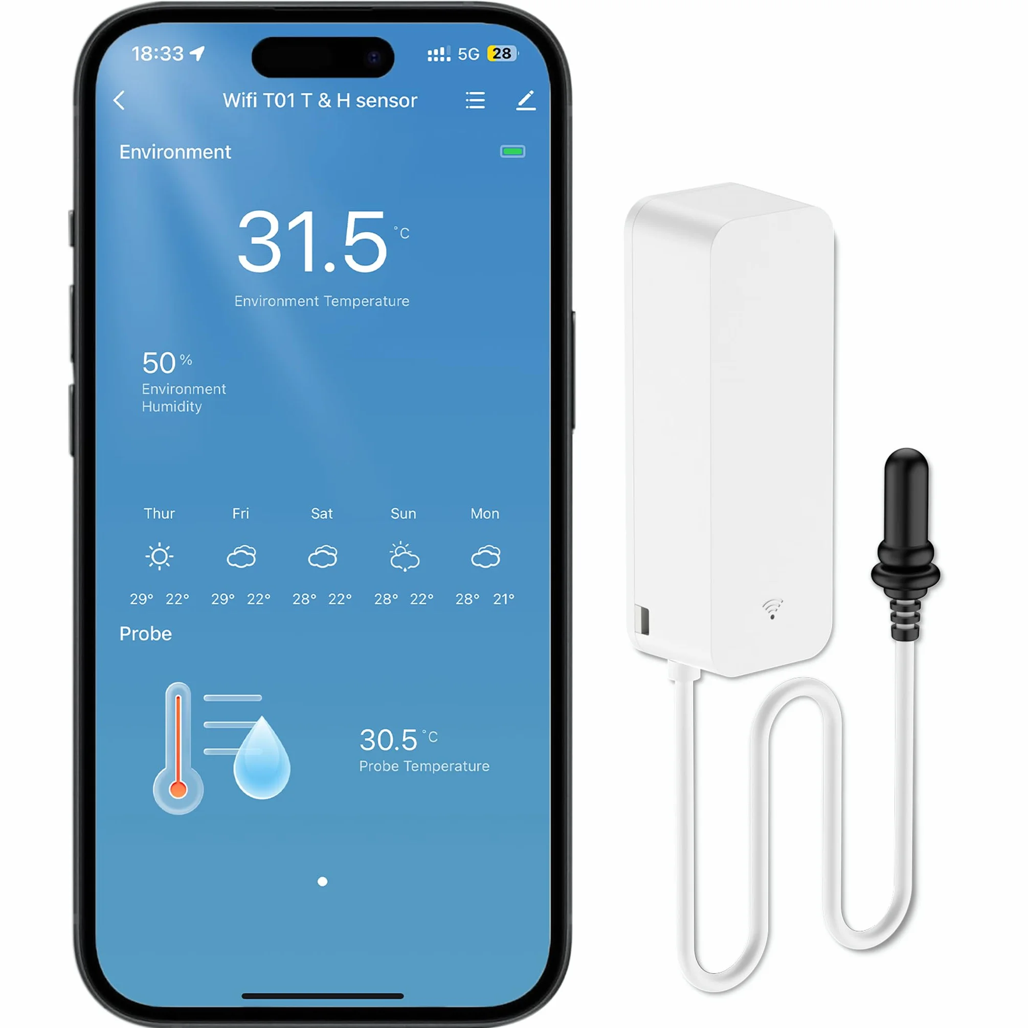 WiFi - Hygromètre Thermomètre - Capteur, Wlan Capteur de Température et d'Humidité avec Capteur Externe pour Réfrigérateur Congélateur Reptiles Animaux de Compagnie Salon (1 Pièce)