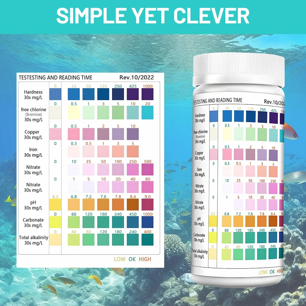 Bandelettes de test d'eau 9 en 1 pour aquarium pH nitrites nitrates chlore dureté totale fer cuivre