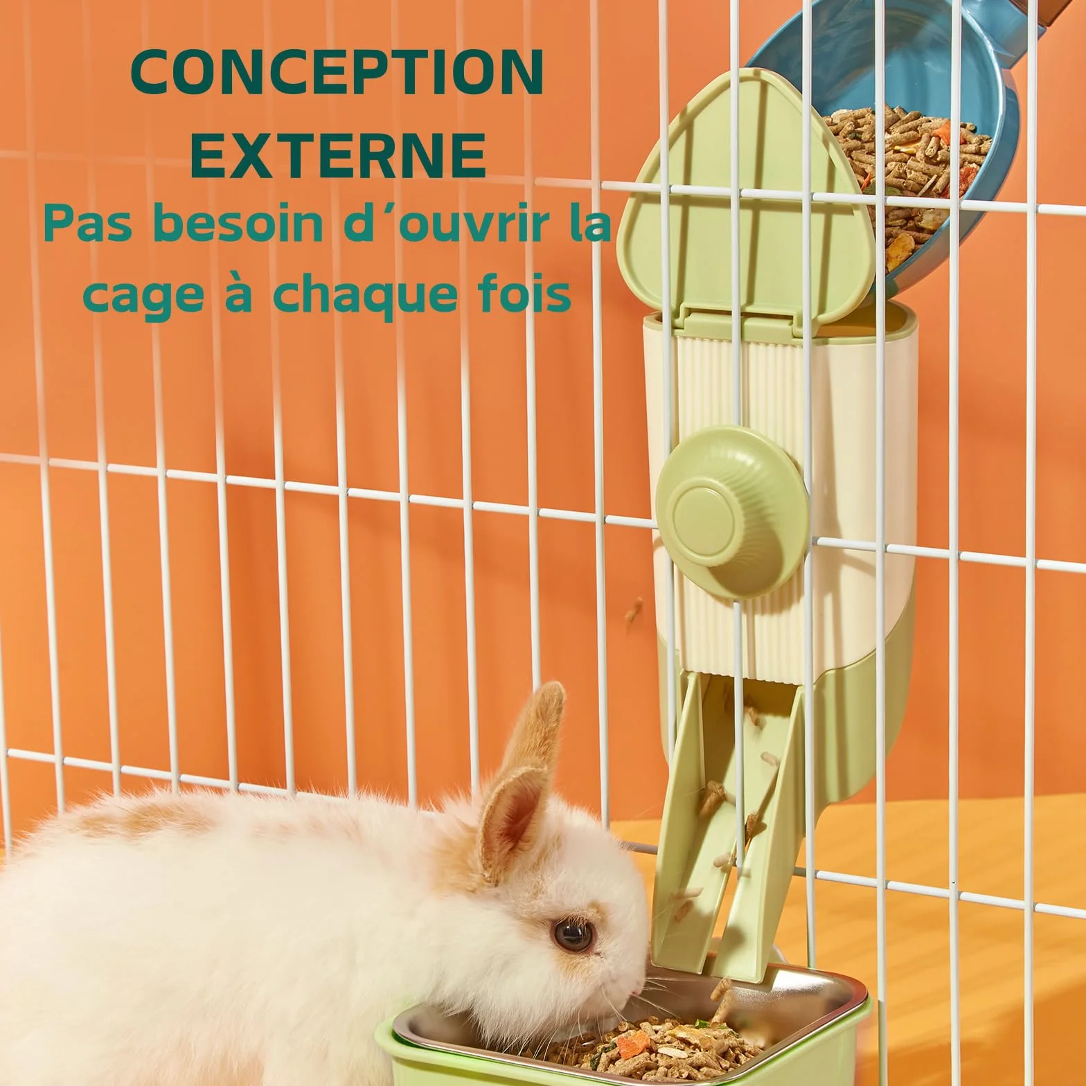 Mangeoire Foin Lapin 3 en 1 avec Gamelle et Entonnoir Suspendu pour Cage, Râtelier à Foin Vert