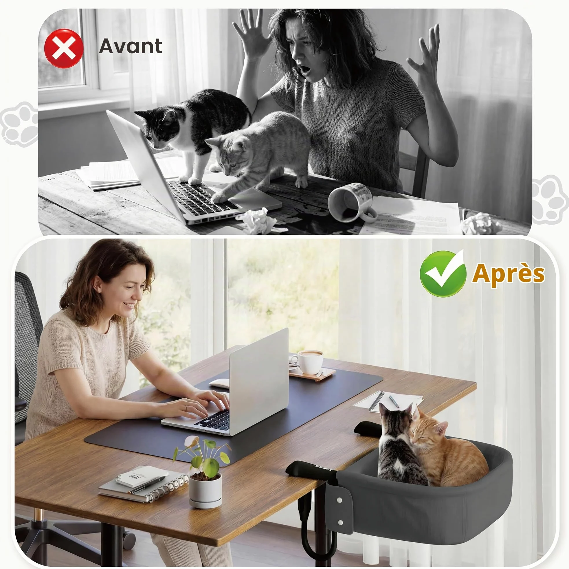 Panier Chat Bureau de Grande Taille, Ultra-robuset Hamac Chat | Pour bureau jusqu'à 7,6 cm, ultra-résistant, motif pattes, imperméable, tapis double face, montage facile (jeu/cuisine)
