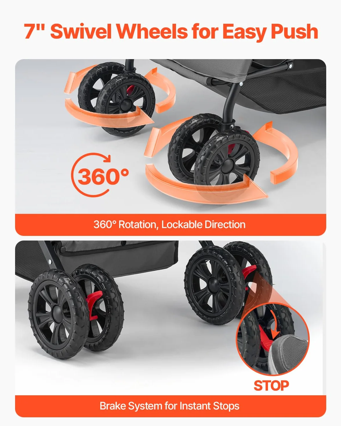 VEVOR Poussette pour Chien Pliable, Charge 20 kg, 4 Roues avec Freins Arrière, Fenêtres en Maille, Poignée Réversible, pour Petits et Moyens Animaux