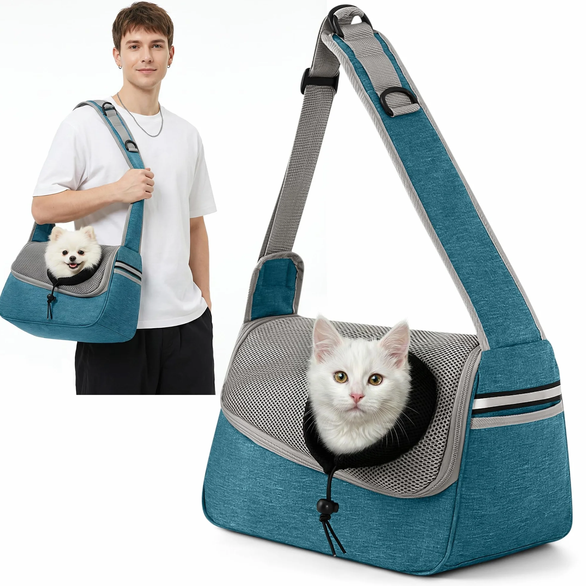 ALLSOPETS Sac de Transport Respirant pour Petits Chiens et Chats, Bandoulière Ajustable, Poche Latérale, Bleu Ciel