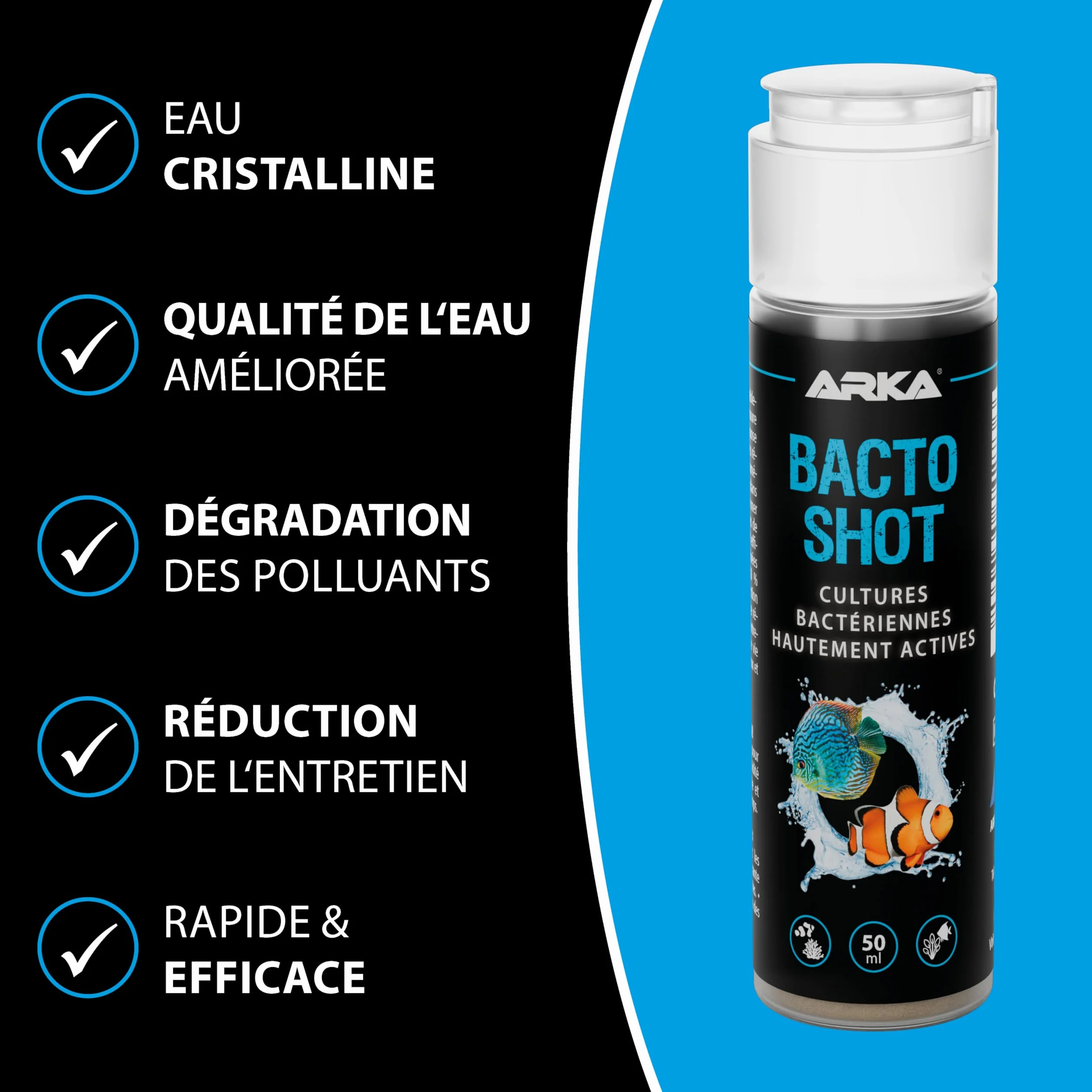 Bactéries Aquarium 50 ML – ARKA Bacto-Shot – clarifie l’Eau en 24h – bactéries vivantes nettoyantes & filtrantes avec Support Naturel – idéal en Cas de nitrites, Trouble ou démarrage
