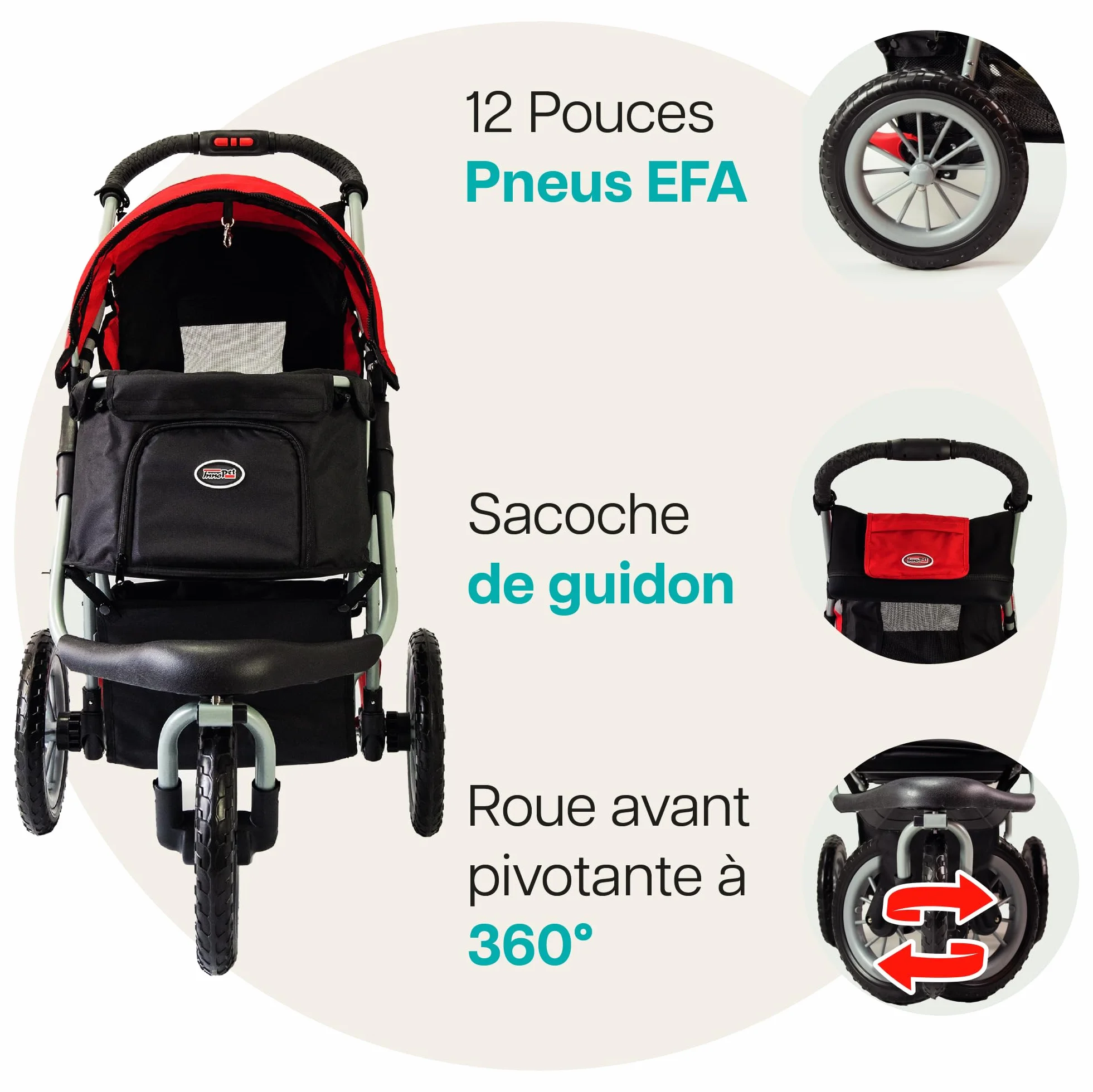 Poussette pour chiens et chats pliable Innopet Comfort Efa Eco Rouge/Noir 25 kg roues anti-crevaison 3 roues