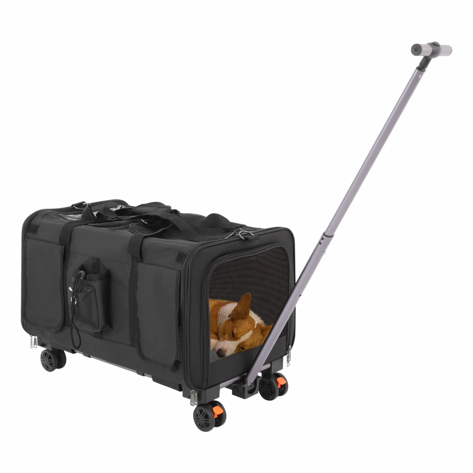 Sac de transport pour chat avec deux compartiments et roulettes, pliable et amovible, pour 2 chats, idéal pour les voyages (noir)