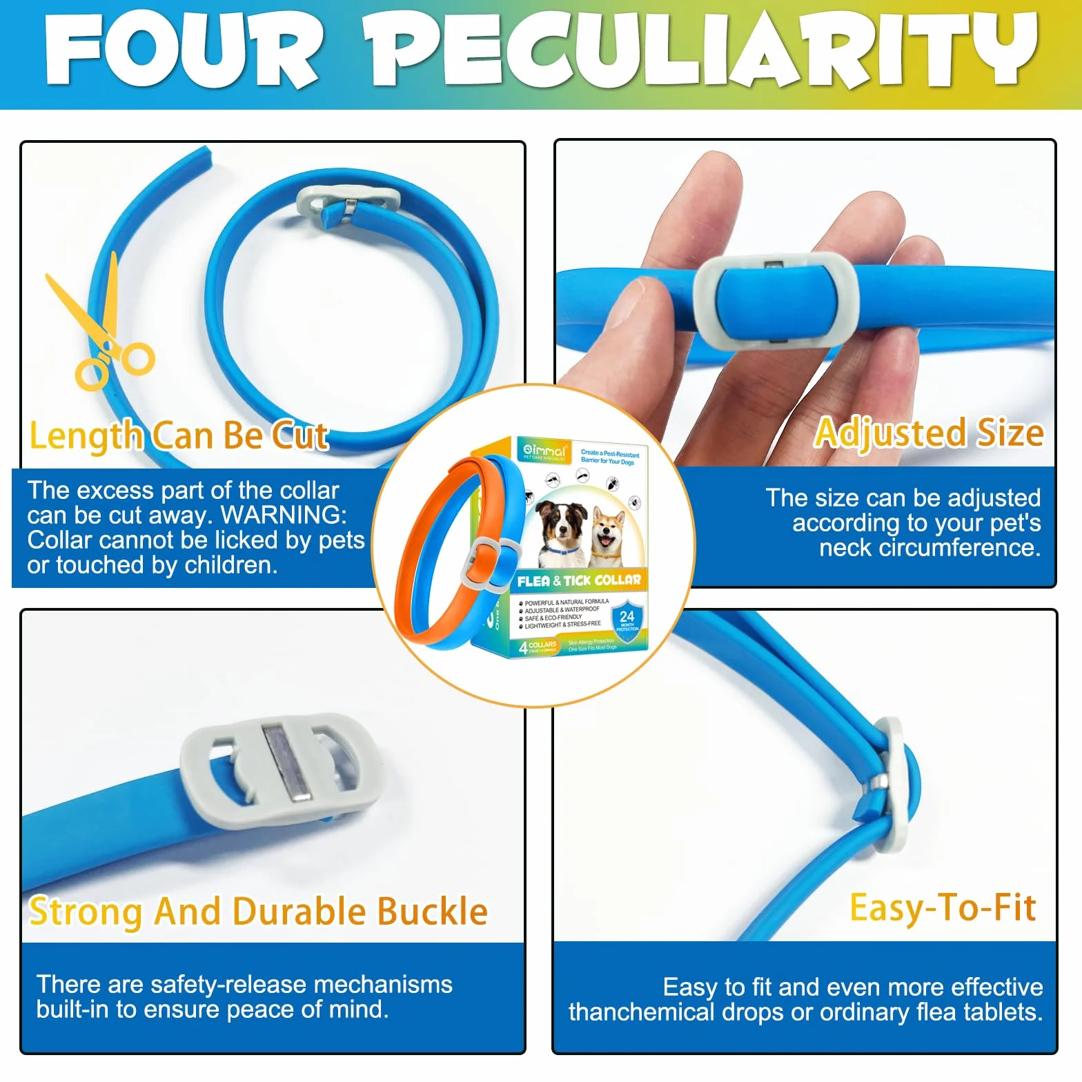Collier Anti Puces pour Chien, 4 Pièces Anti Tiques pour Chien, Réglable et Imperméable, Sûr et Naturel, Longueur 60cm, Protection 24 Mois, pour Chiens de Petite Moyenne et Grande Taille (Bleu&Orange)