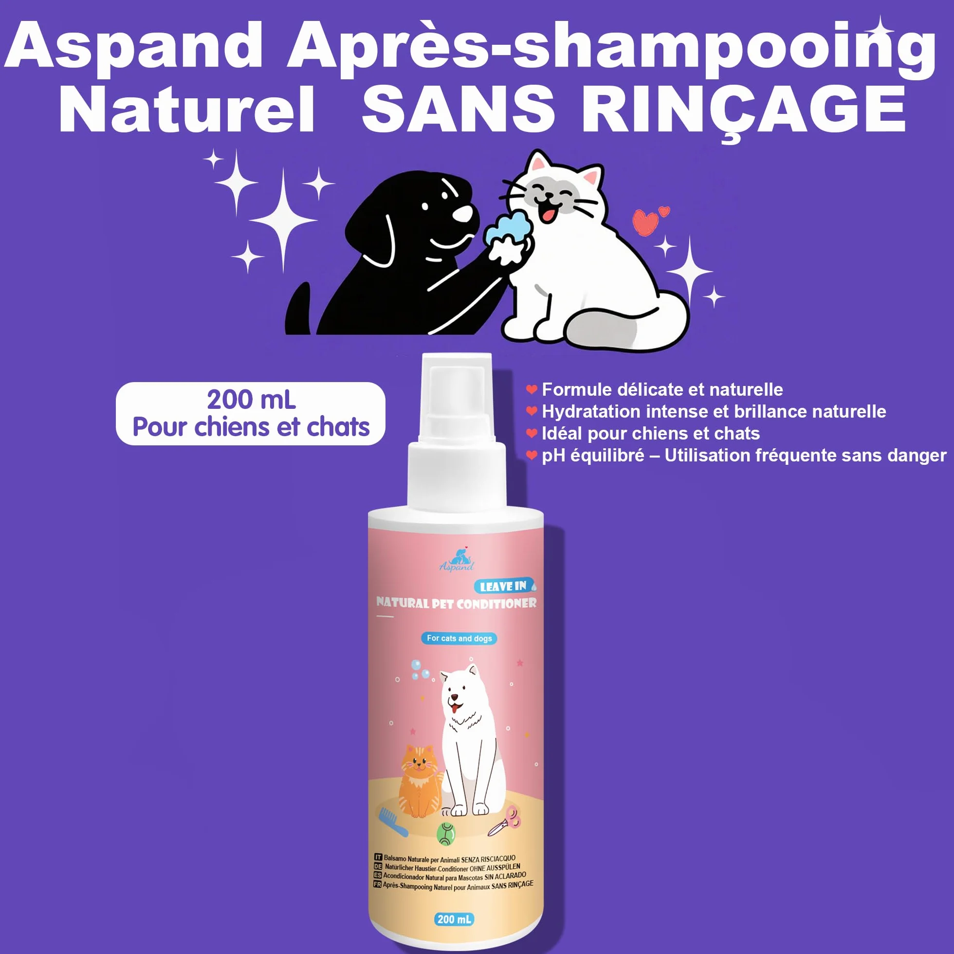 Spray Démêlant pour Chien et Chat, 200ml sans Rinçage, Action Démêlante, Hydratante, Antioxydante Régénérante et Antioxydante, Adapté aux Animaux Domestiques à la Peau Sèche, Irritée, Sensible