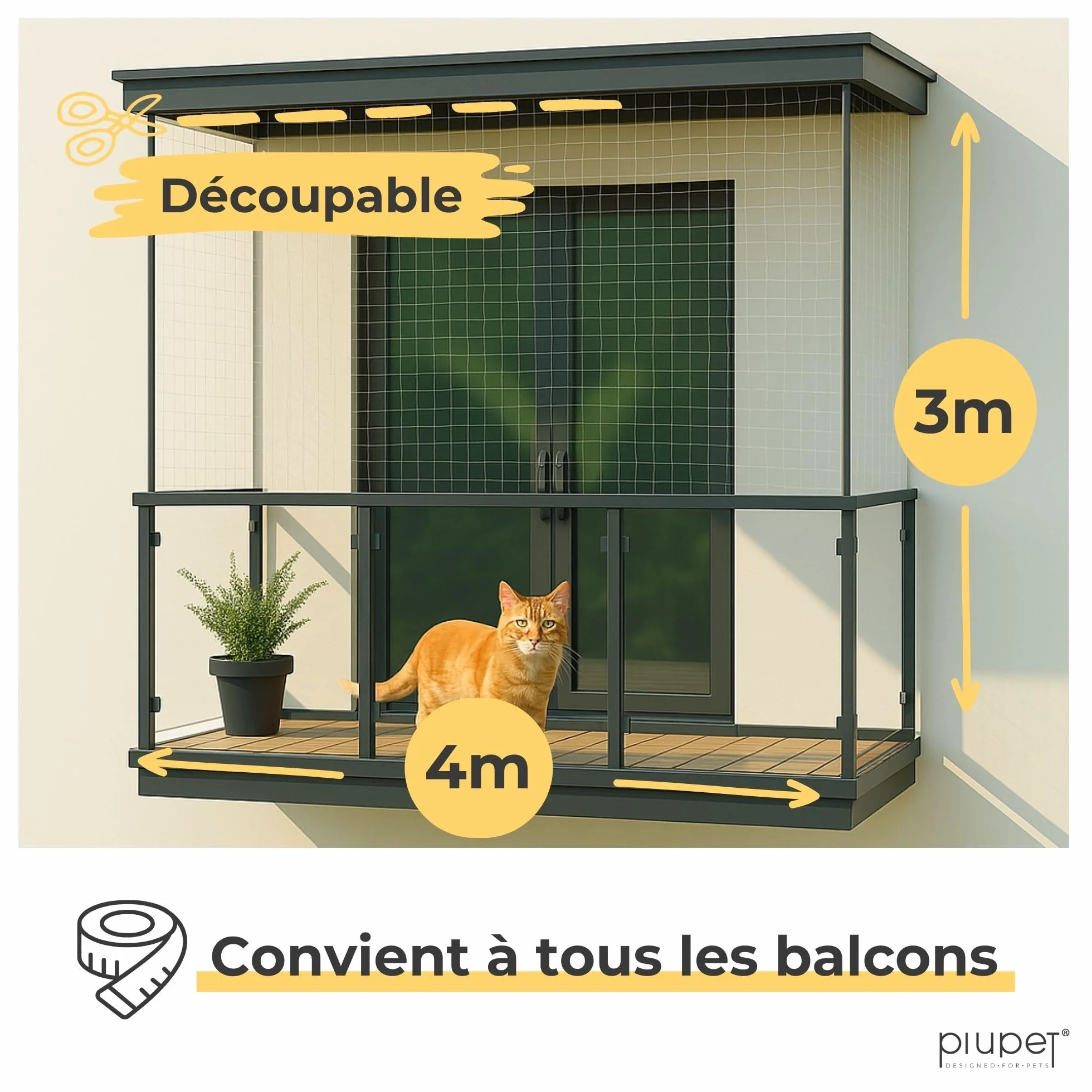 PiuPet® Filet de Protection pour Chats 4 x 3 m Transparent avec Corde de Fixation pour Balcons et Fenêtres