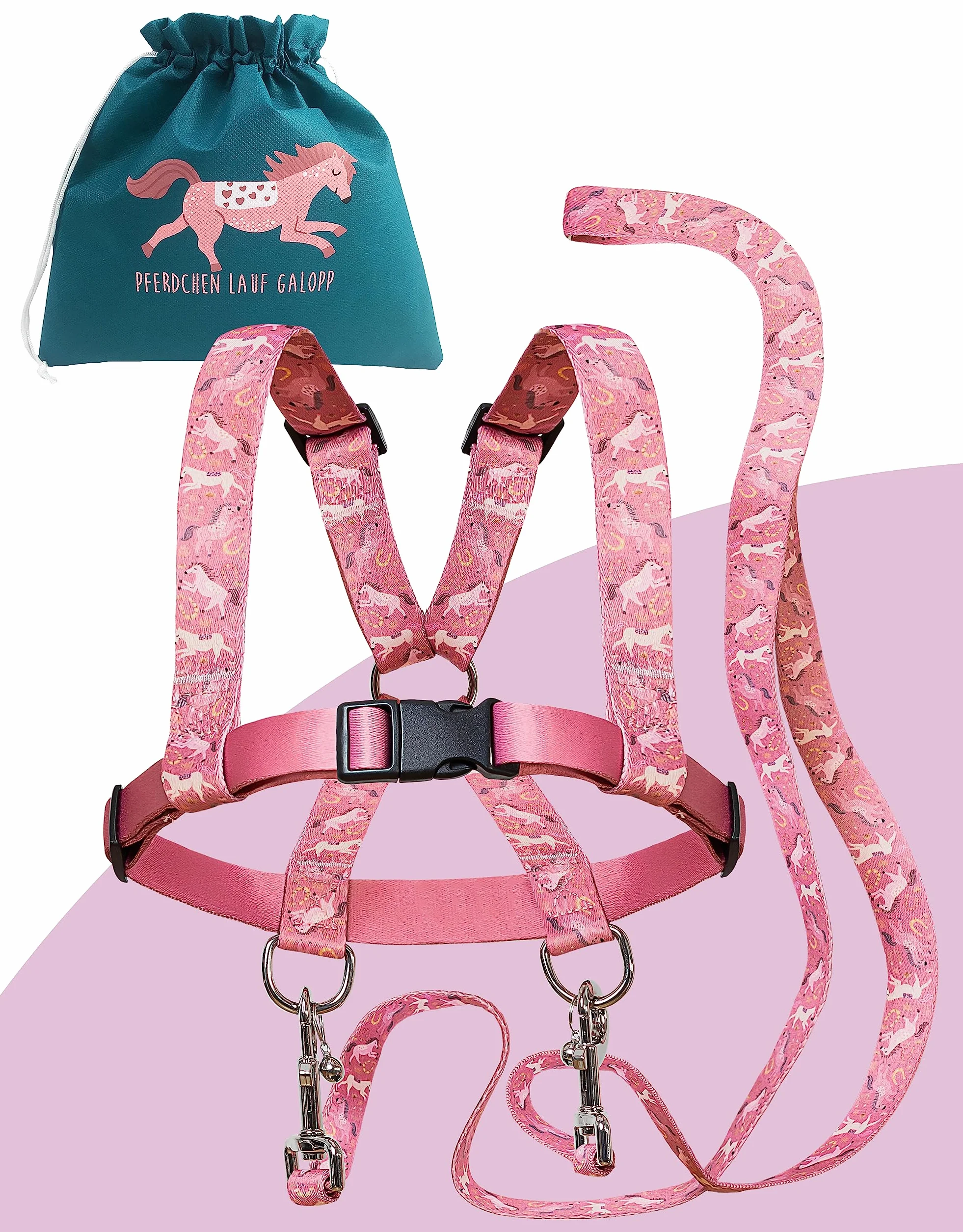Jubi Laisse de cheval rose pour enfant - Taille réglable avec sac de rangement