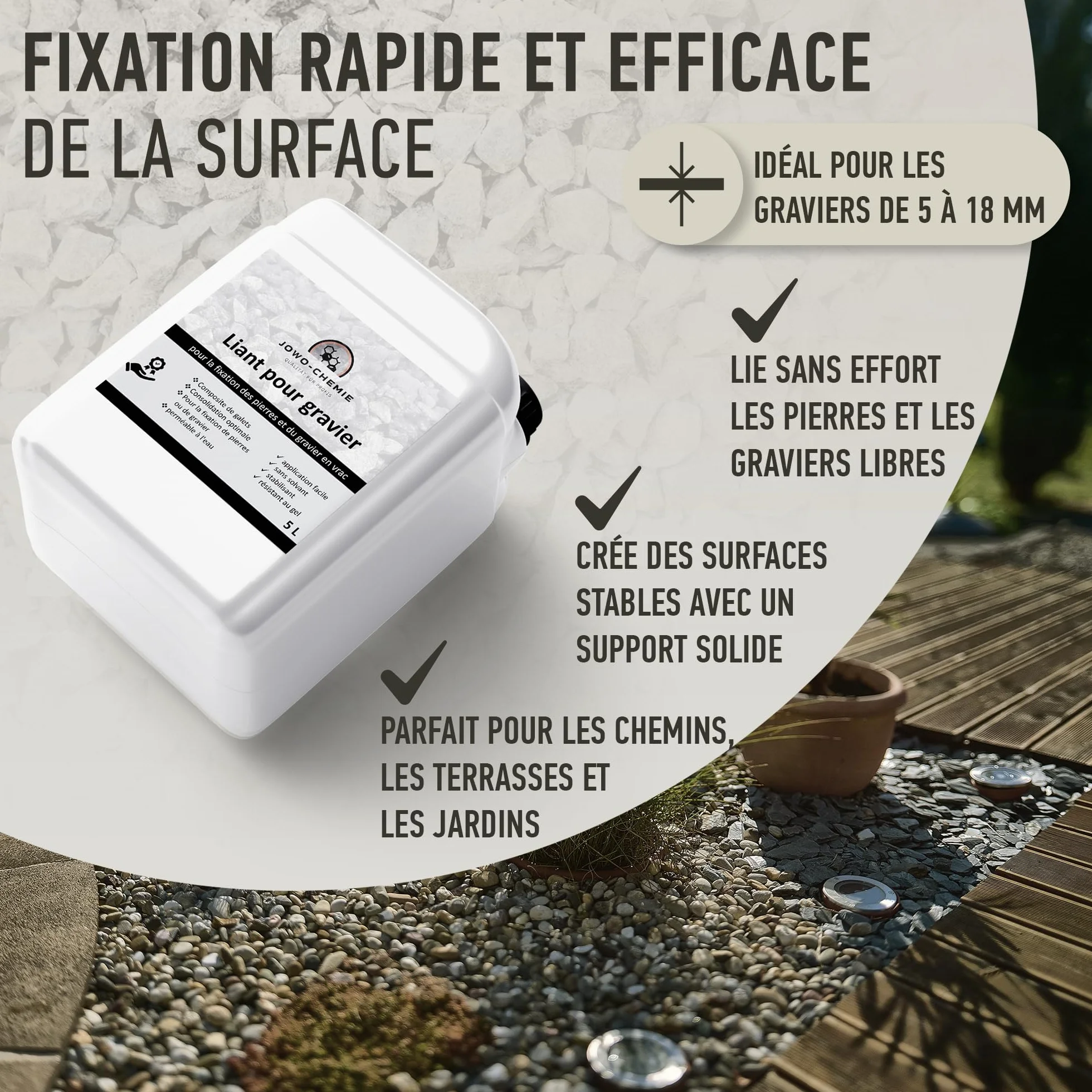 Liant pour gravier extérieur 5L – Stabilisateur de gravier & colle cailloux pour allées, terrasses et jardins | Fixateur drainant anti-déplacement pour gravier, pierre et galet décoratif.