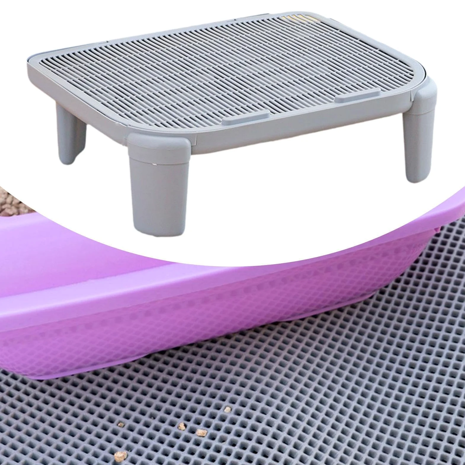 Rampe Litière Chat Double Couche Trappeur de Litière Tapis pour Boîte Litière Matériau PP Fonction Pied Adapté Aux Chats Âgés Nettoyage Intérieur, Gris