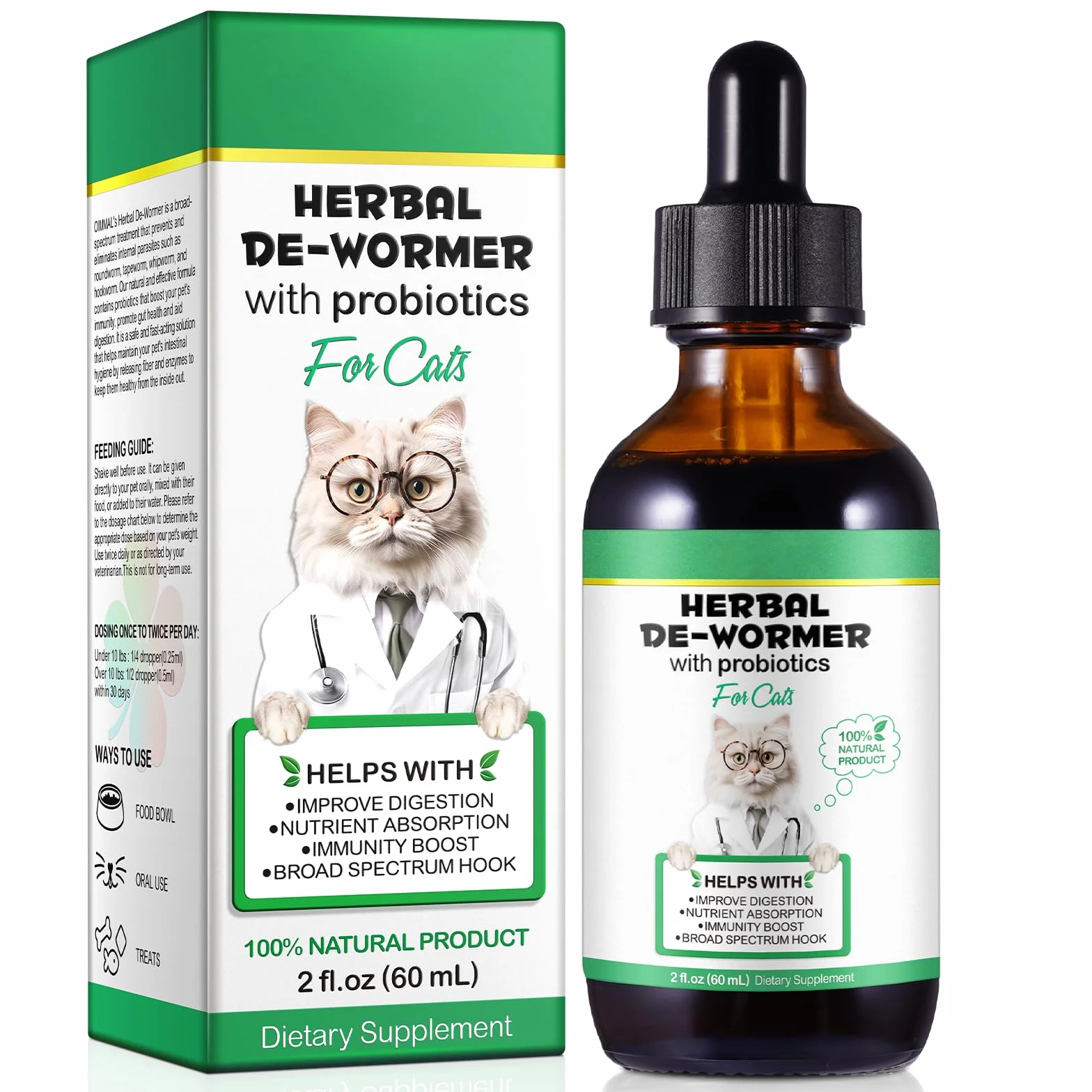 HEXIN Vermifuge pour chat 60 ml, vermifuge à base de plantes avec probiotiques – Anti-parasites large bande
