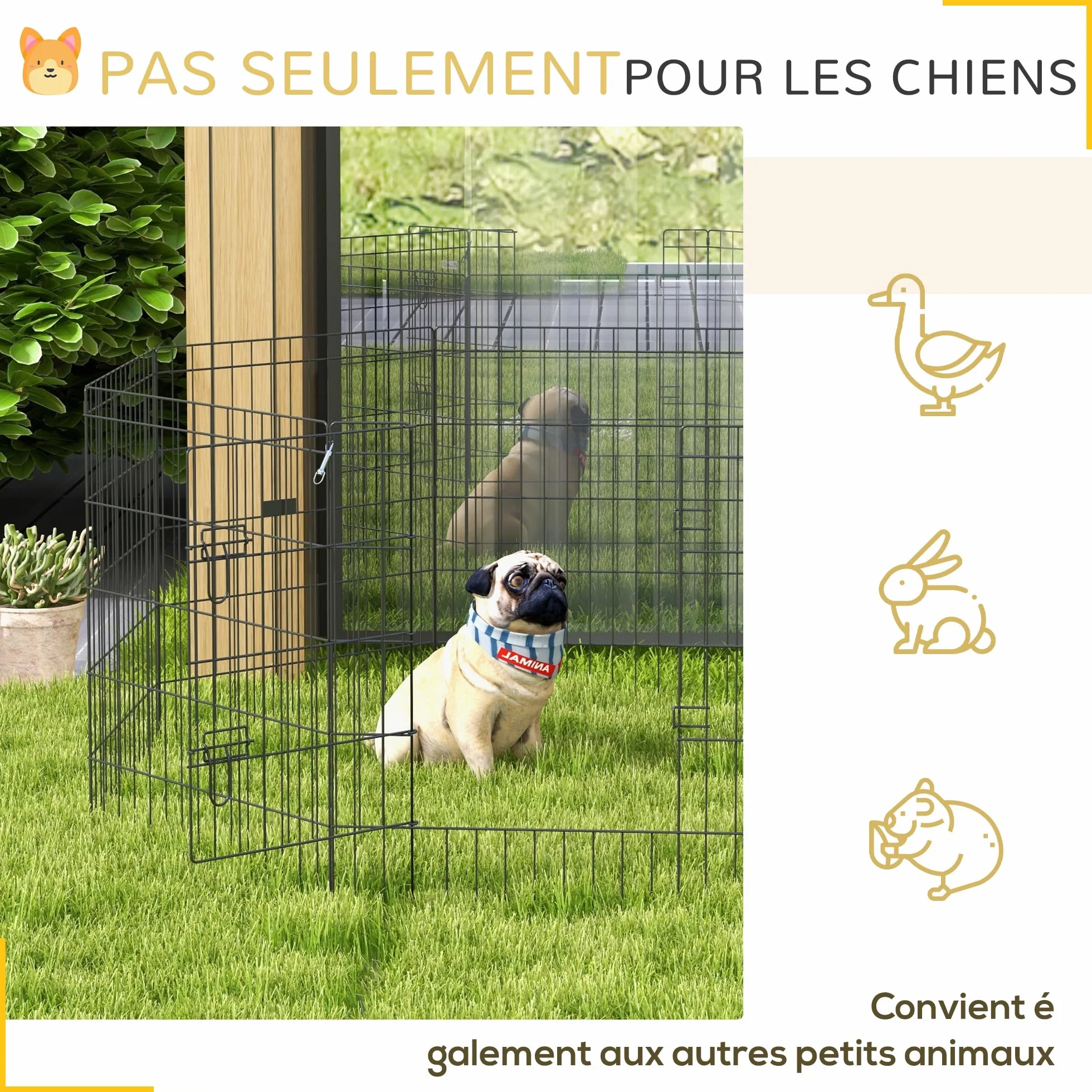 PawHut Parc enclos modulable pour Chiens Lapins rongeurs clôture Petits Animaux intérieur extérieur Pliant 1 Porte verrouillable 8 Panneaux Fil métal 61 x 76 cm Noir