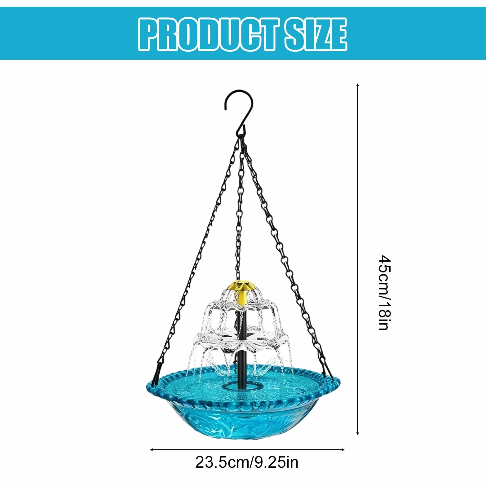 Bain d'oiseaux suspendu 3 niveaux avec fontaine solaire, bleu, chaînes en métal pour jardin