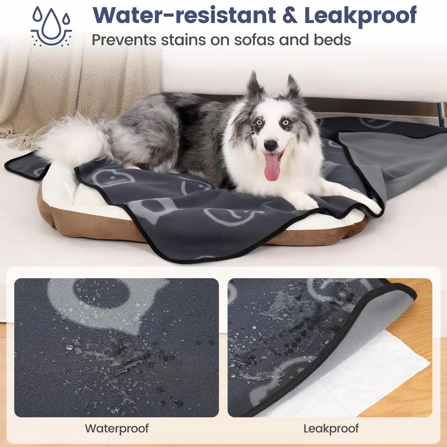 Couverture Imperméable Chien 152x127cm Gris Polaire Flanelle Anti Pipi Protection Canapé Lit