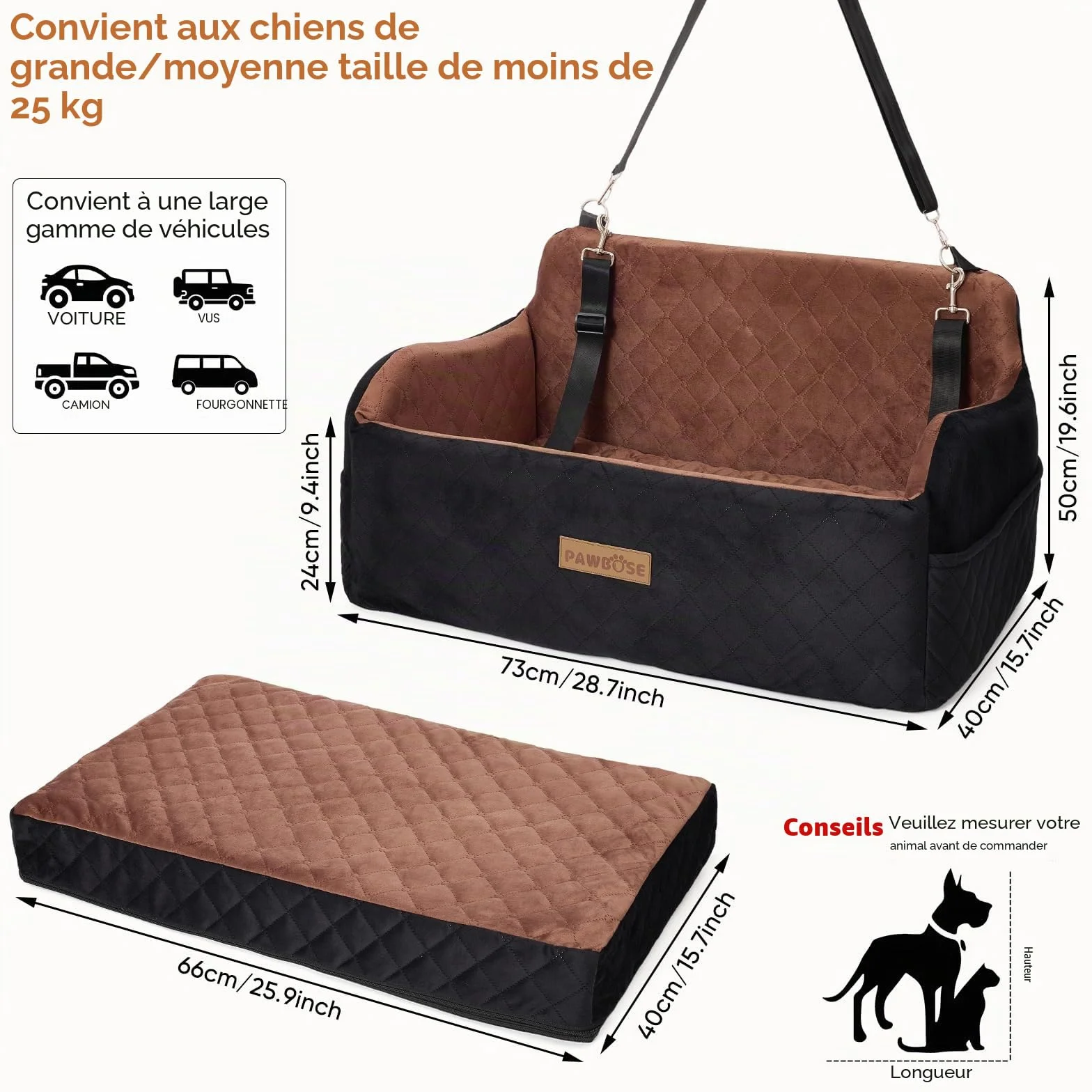 PAWBOSE Siège auto pour chien taille moyenne/grande moins 25 kg 2 petits chiens rembourrage tissu doux mousse mémoire forme amovible