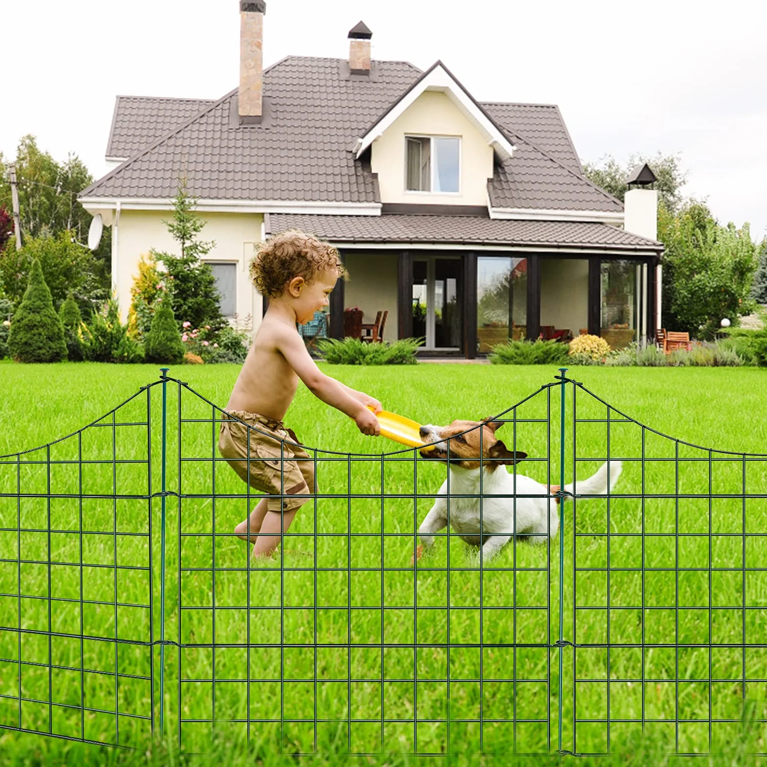 Clôture d'Étang et de Jardin en Métal 5 Éléments 6 Barres de Fixation Avec Arche Inférieure