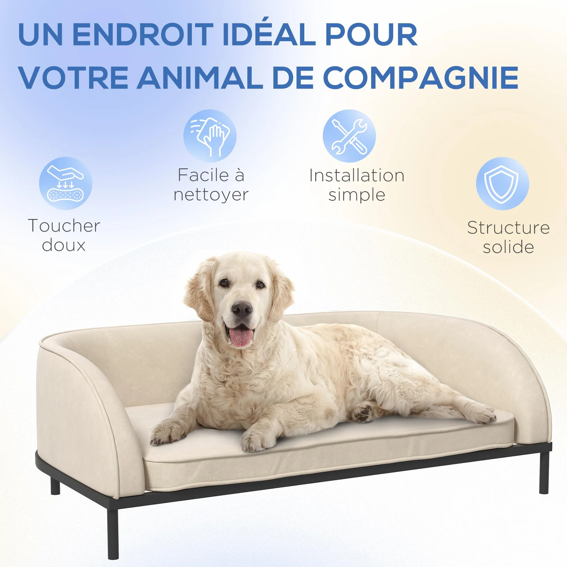 PawHut Canapé pour Chien surélevé 101,5 x 62 x 34,5 cm Coussin déhoussable Pieds Acier Velours Blanc crème Noir