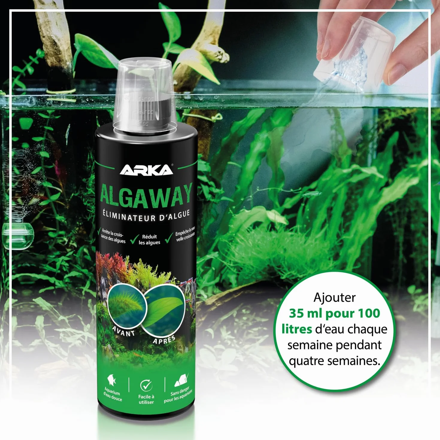 ARKA Algaway Éliminateur d’algues Aquarium 473 ML – sans cuivre Compatible Plantes – Eau Douce