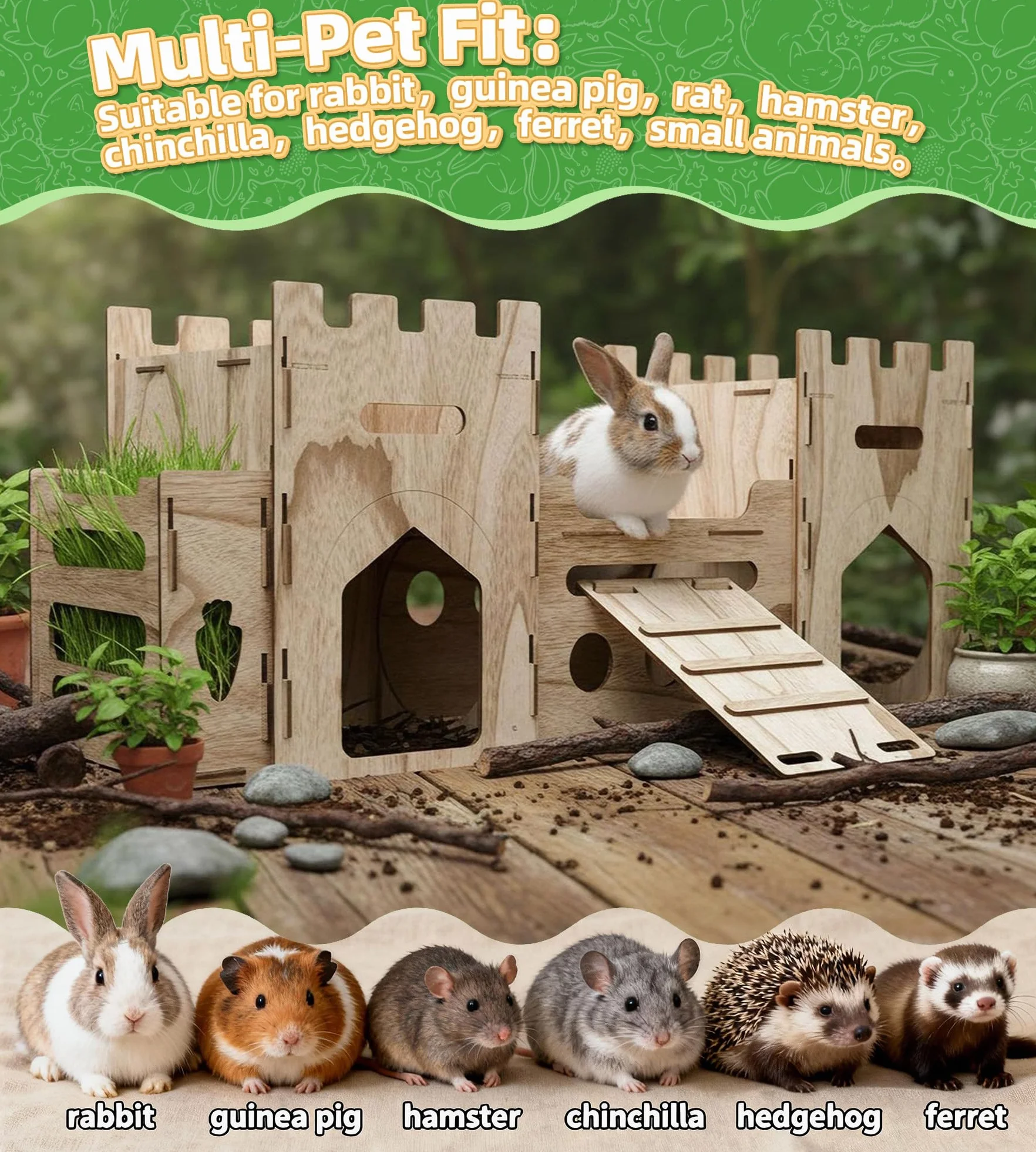 HIIMALEX Château de lapin extra large en bois à plusieurs étages, cachette ventilée robuste pour lapin, cochon d'Inde, chinchilla furet