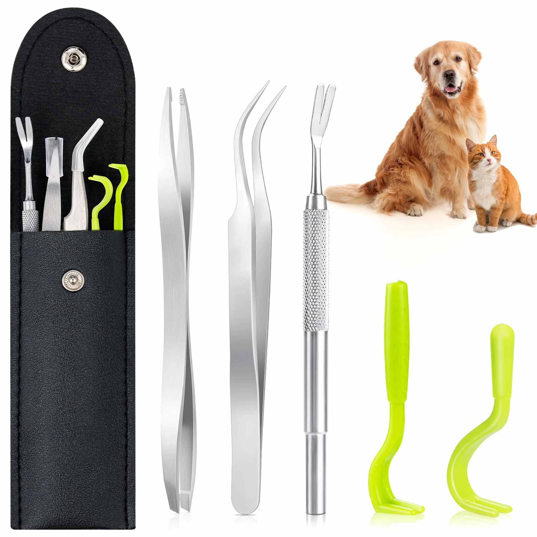 Pince à Tiques en Acier Inoxydable MELLIEX 5 Pièces avec Sac de Rangement pour Chiens et Chats