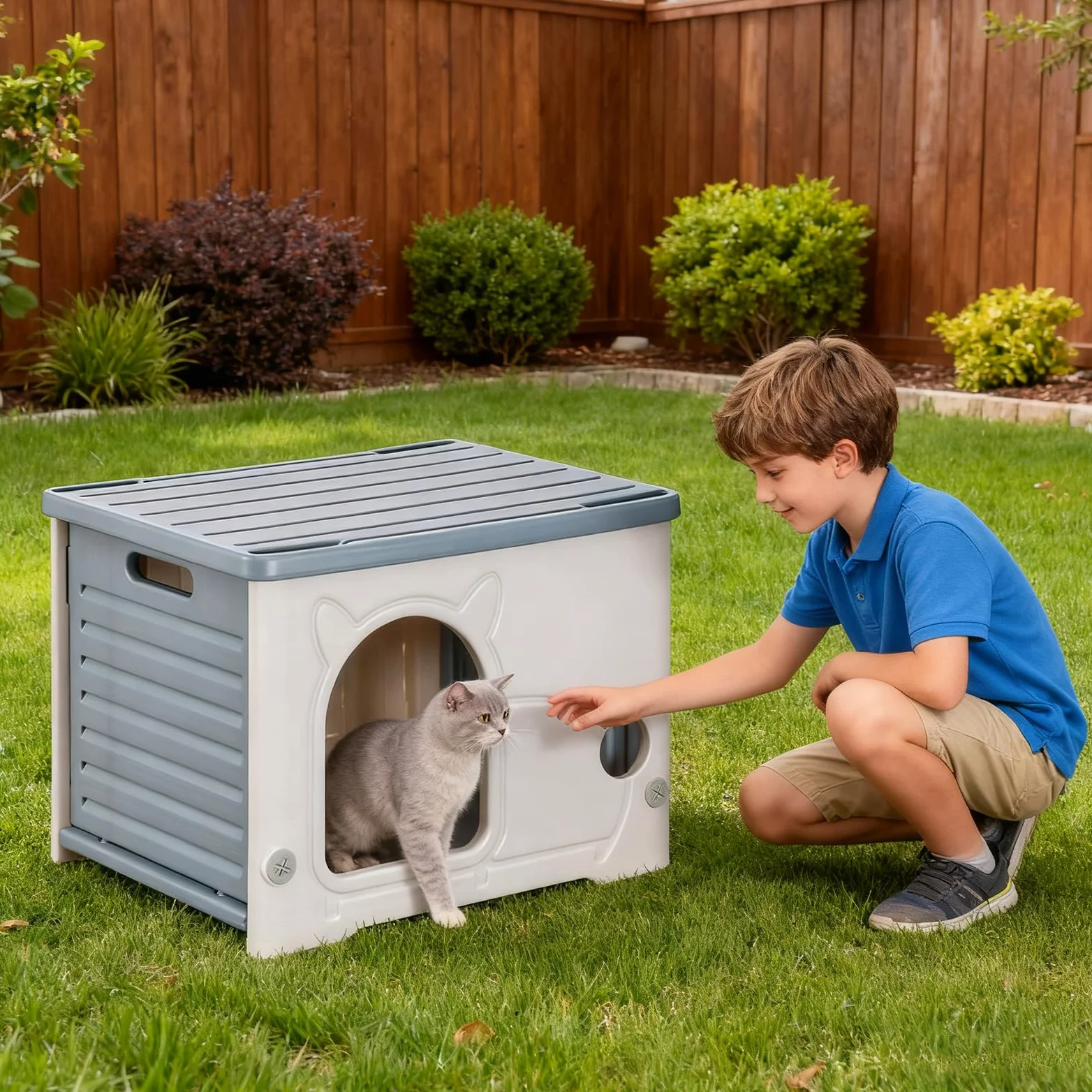 PETCUTE Maison de Chat en Plastique pour l'intérieur et l'extérieur,Résistante aux Intempéries,Maison pour Chats en Plastique,Imperméable,Abri pour Chat Sauvage,pour Toutes Les Saisons,Gris