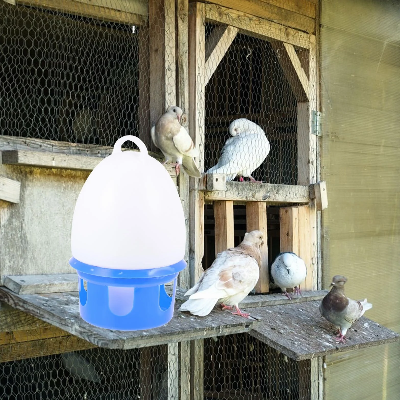 Artibetter Abreuvoir Suspendu pour Pigeons 10l avec Poignée Bleu et Blanc, Distributeur d'eau en Plastique pour Oiseaux