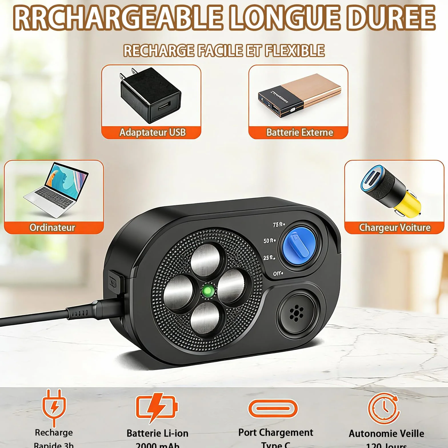 Anti Aboiement Chien Ultrason Puissant, 3 Modes, Portée 23 m, IP65 Rechargeable, Sifflet Ultrasonique Intérieur/Extérieur
