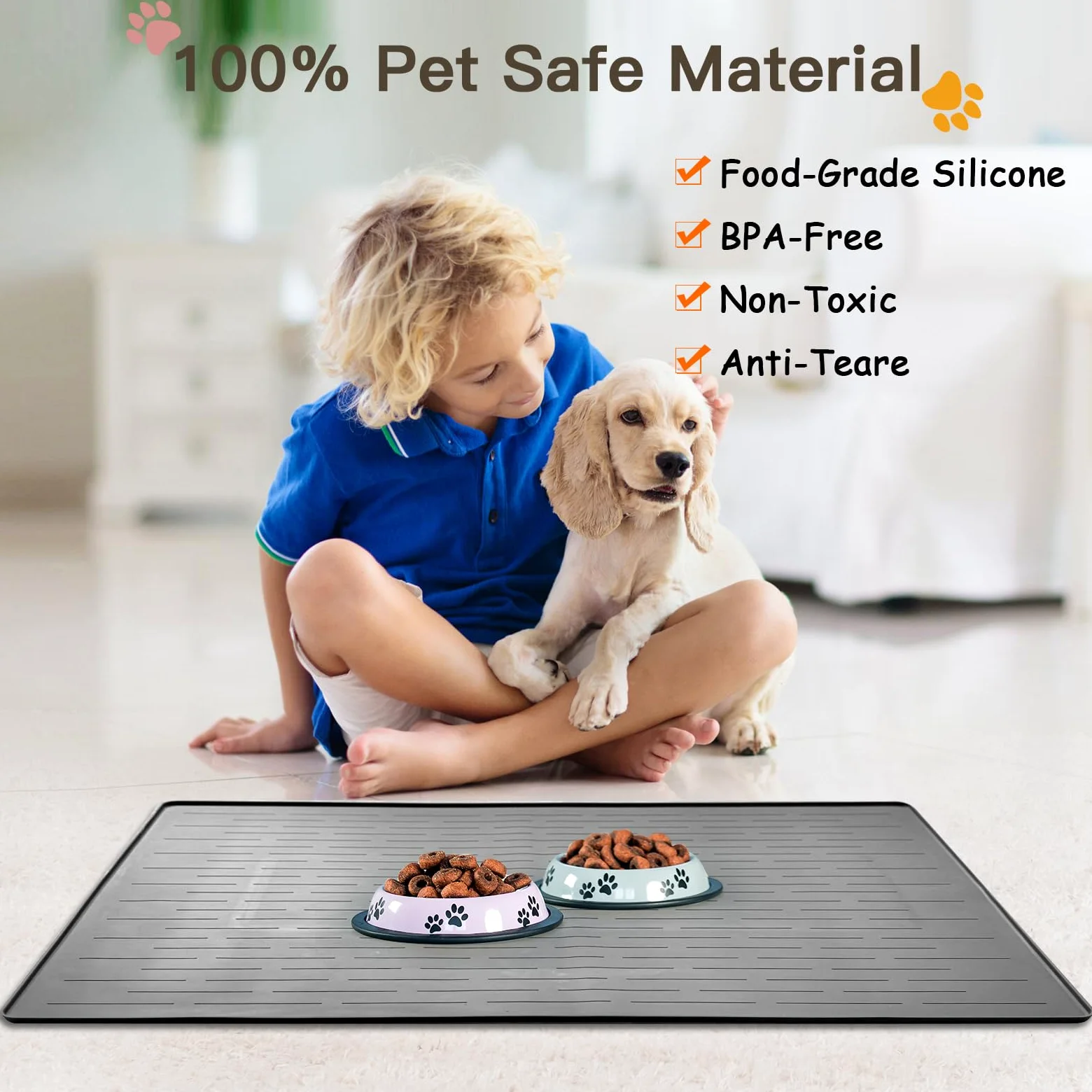 Thinken Tapis de nourriture pour chien et chat en silicone pour gamelles de nourriture et d'eau, 100,3 x 74,9 cm, tapis d'alimentation pour animaux de compagnie, tapis d'alimentation pour les sols,