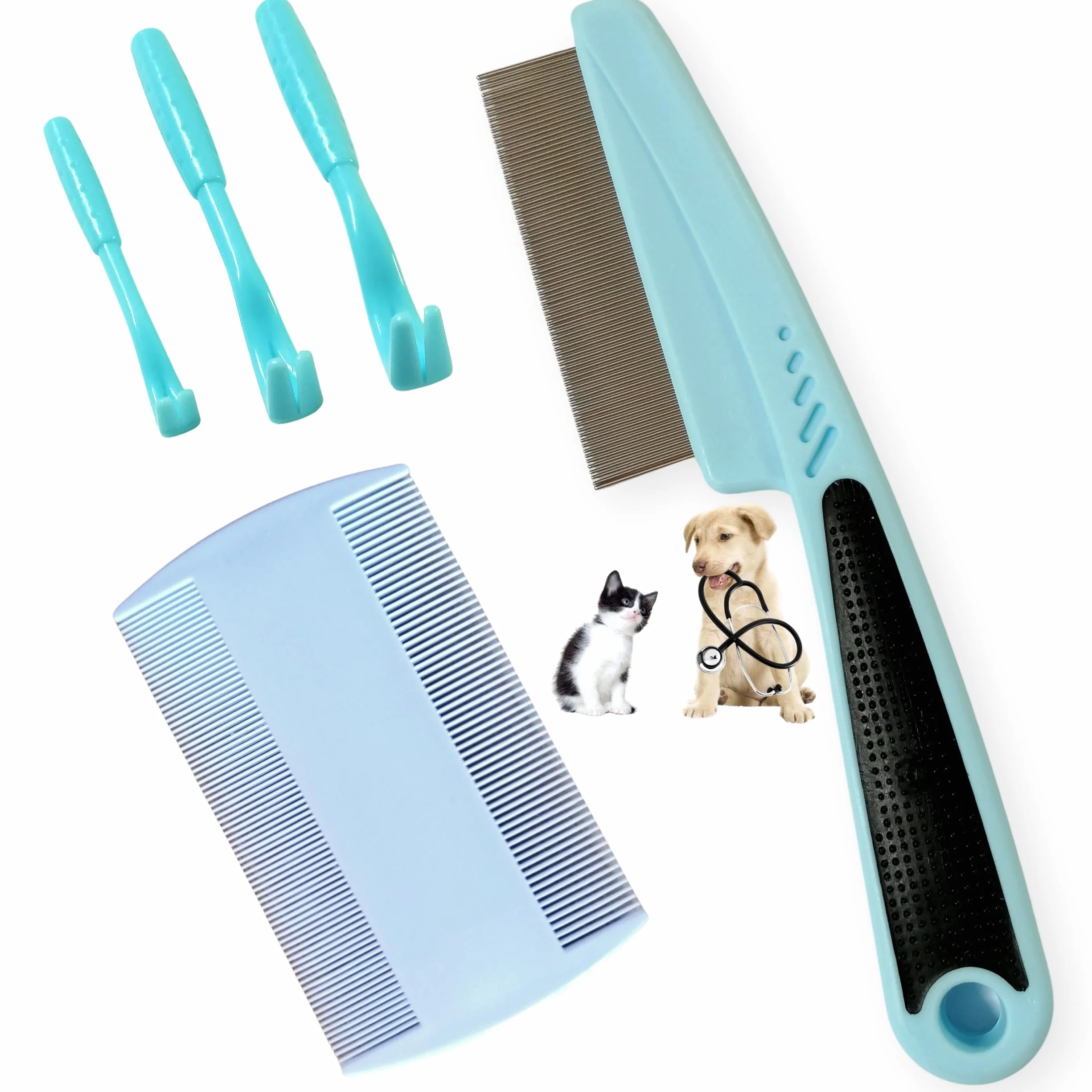 Peigne anti puce et tique pour chien chat Kit crochet tire tiques élimination naturelle Lot 5 pcs