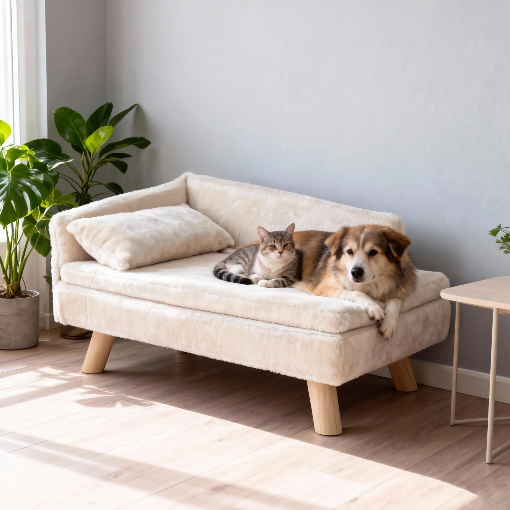 SOARS Canapé pour Chien Chat, Lit Surélevé avec Dossier Haut, Coussin et Pieds en Bois Massif, 71 x 43 x 40 cm, Beige