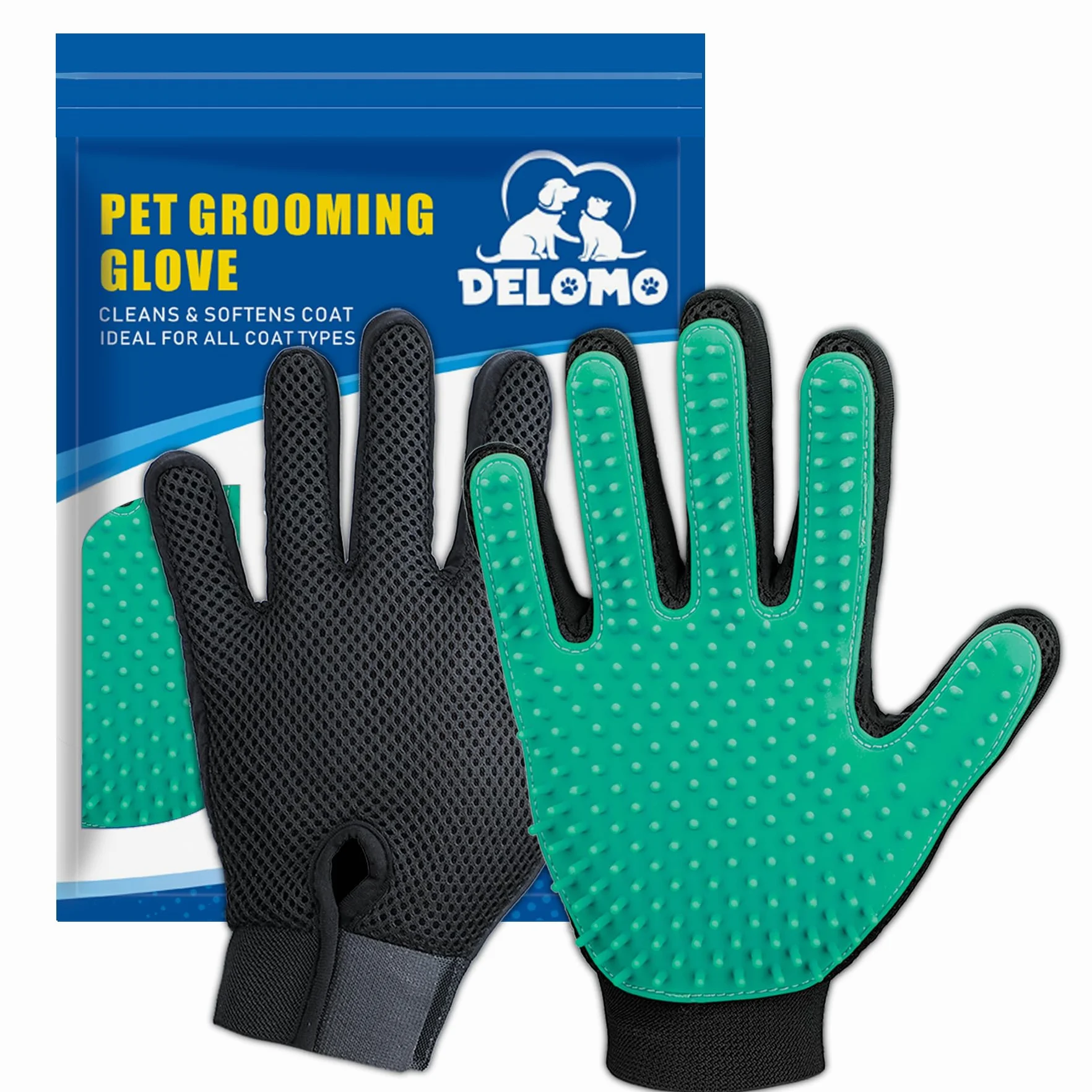 DELOMO Gants de Toilettage pour Animaux - Brosses Douces pour Chats - 1 Paire (Vert)
