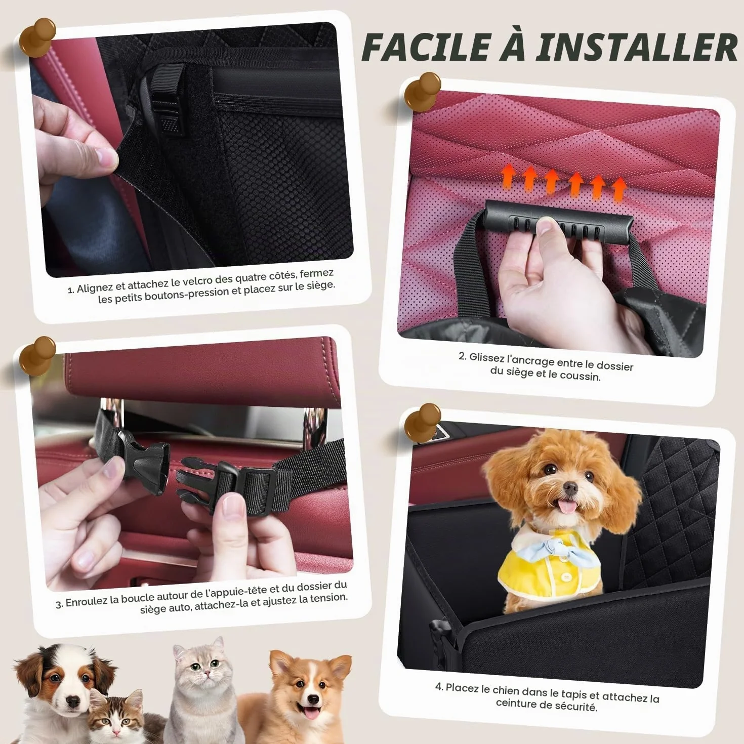 Siège Auto Chien Sécurisé Imperméable Anti-Griffes Filet Rangement Ceinture Sécurité Adjustable Noir