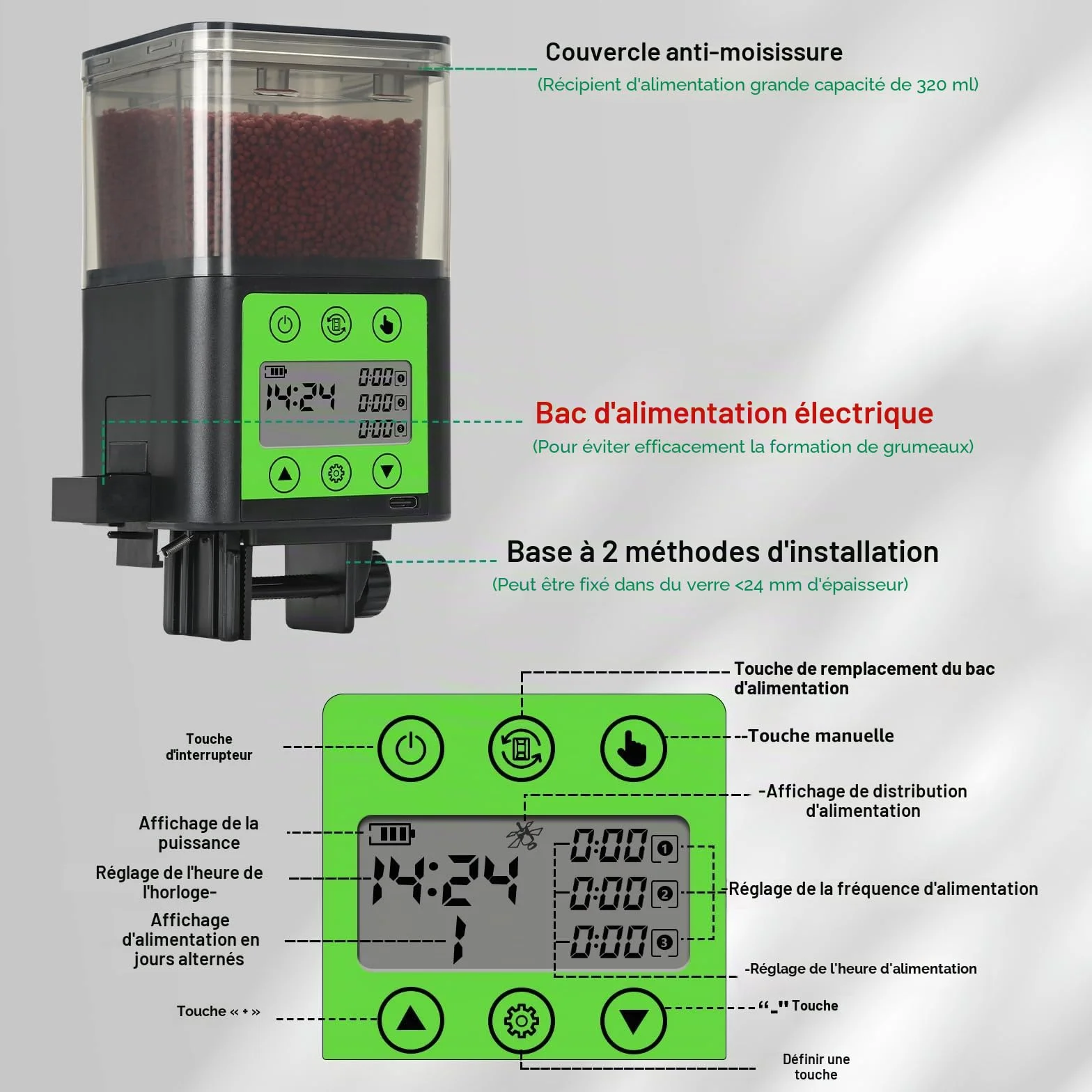 Distributeur automatique de nourriture pour poissons rechargeable USB 320 ml écran LCD résistant à l'humidité