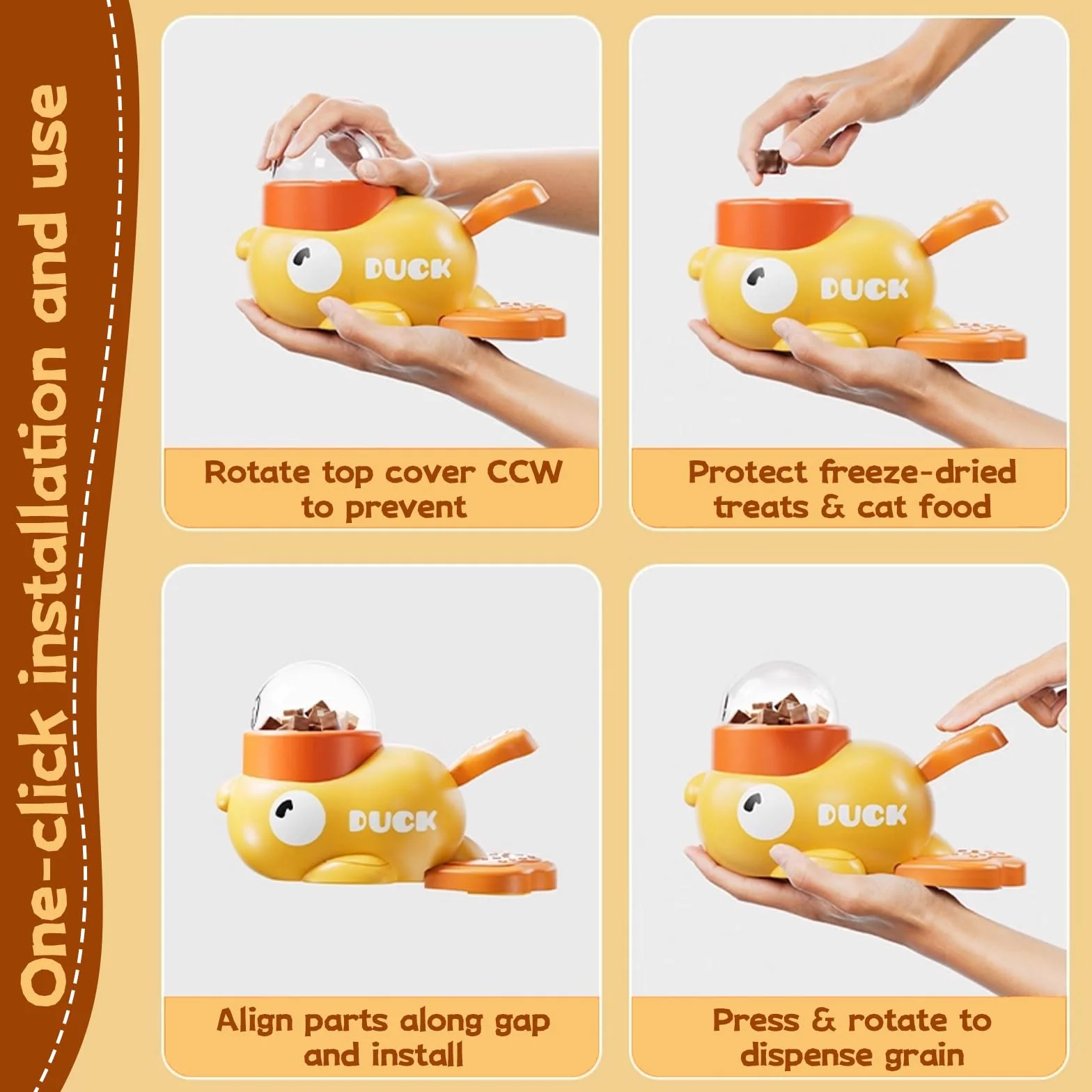 Distributeur Croquettes Chat Canard Jaune 2 en 1 avec 3 Couvercles Jouet Interactif Chien