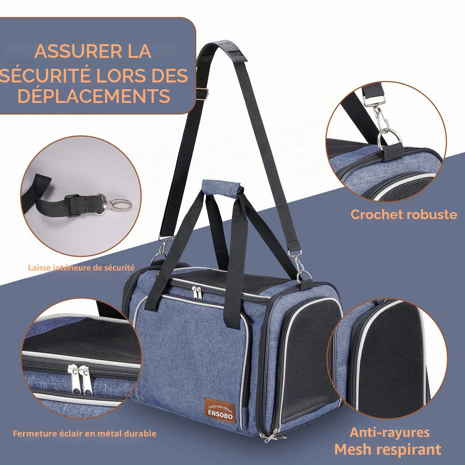 ENSOBO Sac Transport Chat Chien, Matériau Denim Résistant aux Rayures, Sac de Transport pour Animal de Compagnie avec Matelas Souple, Caisse Transport Respirant Confortable